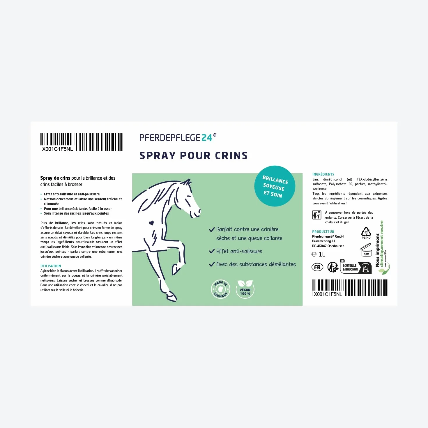 Spray de crins pour Chevaux 1l - Brillance éclatante, Démêlage & Pelage sain