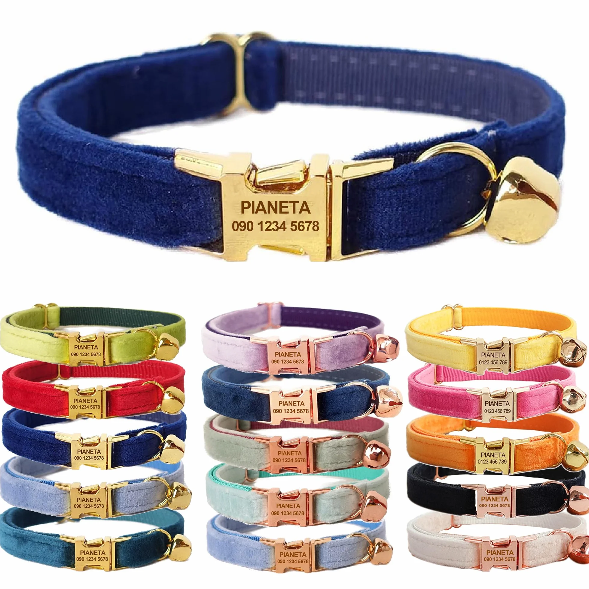Collier Personnalisé pour Chat avec Gravure Nom Téléphone, Tissu Velours Doux, Boucle Métal Sécurisée, Bleu Marine, L 20-32cm