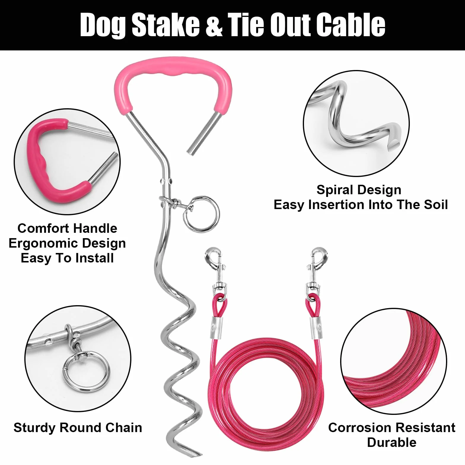 Ancrage au sol pour chien avec laisse 3 m - Kit de sécurité inoxydable pour grands chiens