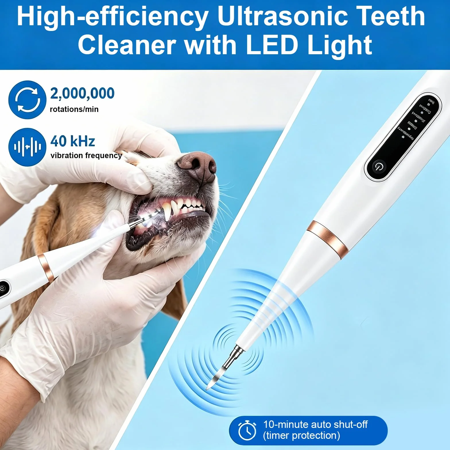 Nettoyeur Dentaire Ultrason pour Chien et Chat IPX7 Rechargeable USB-C 5 Modes LED