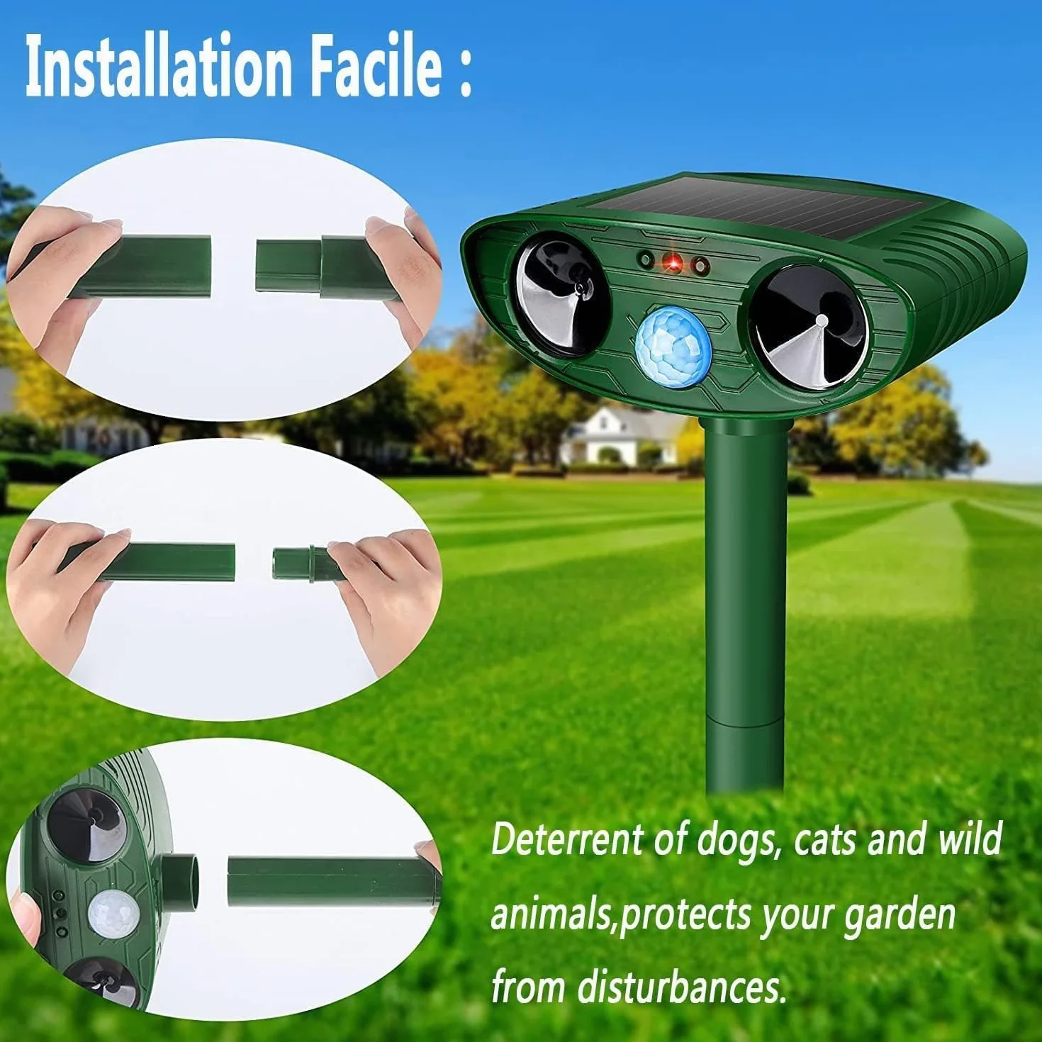 Répulsif Chat Ultrason Solaire avec Détecteur de Mouvement Anti Chats Chiens Souris