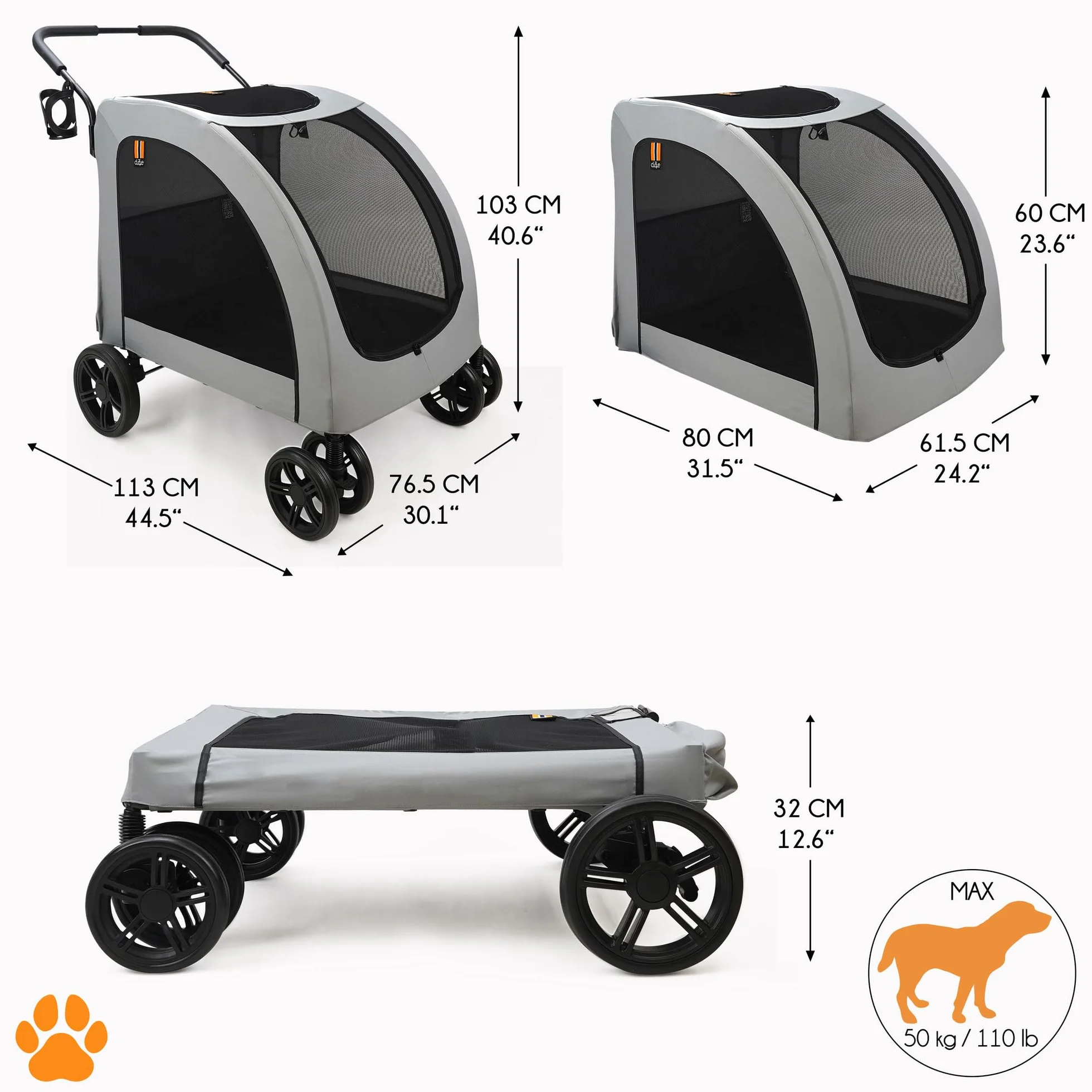 Chester Dog Stroller dla Dużych Psów Składany Wózek 50 kg Szary