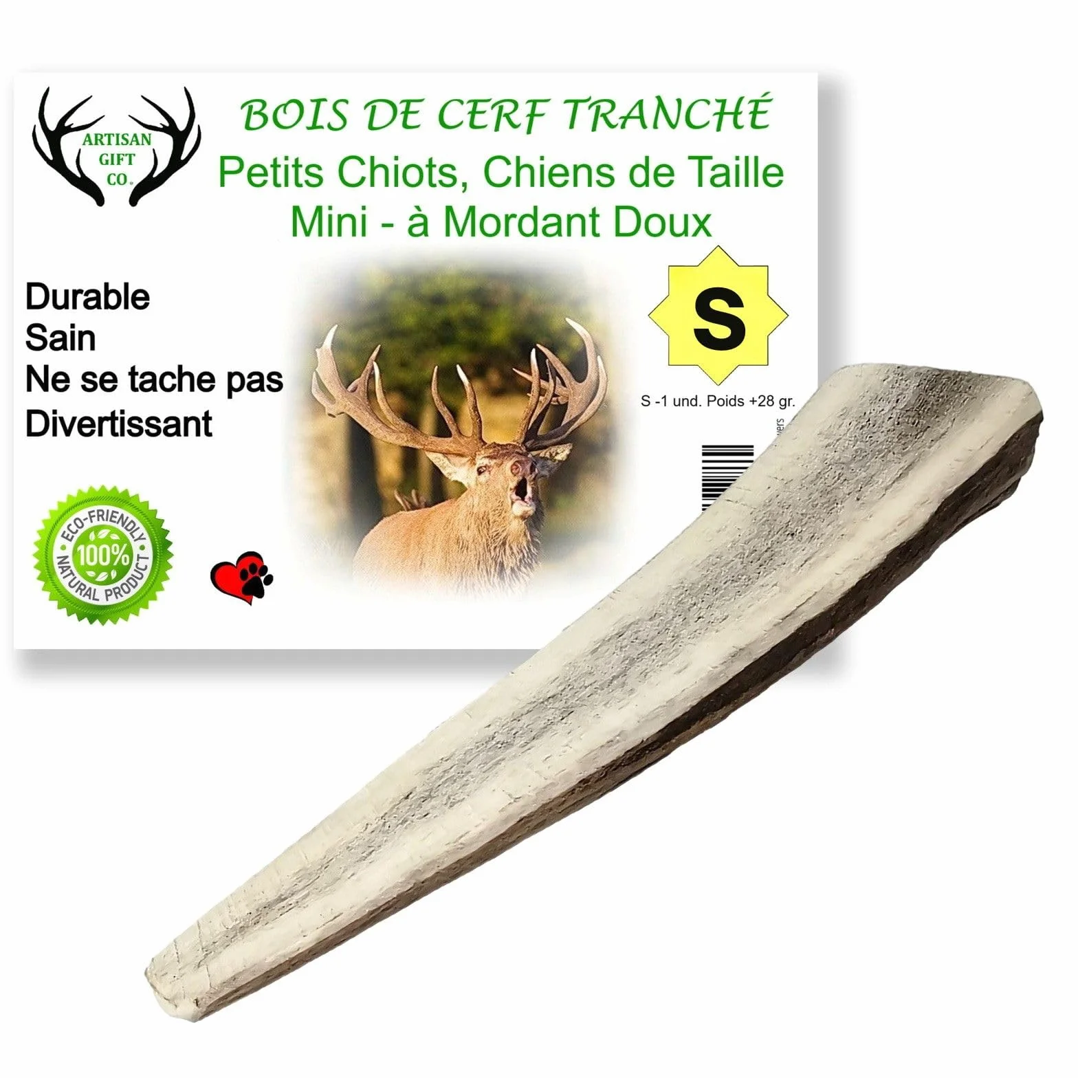 Bois de Cerf Fendu pour Chiens, Corne de Cerf Tranché à Mâcher, Mastication Légère S - 1 Un.