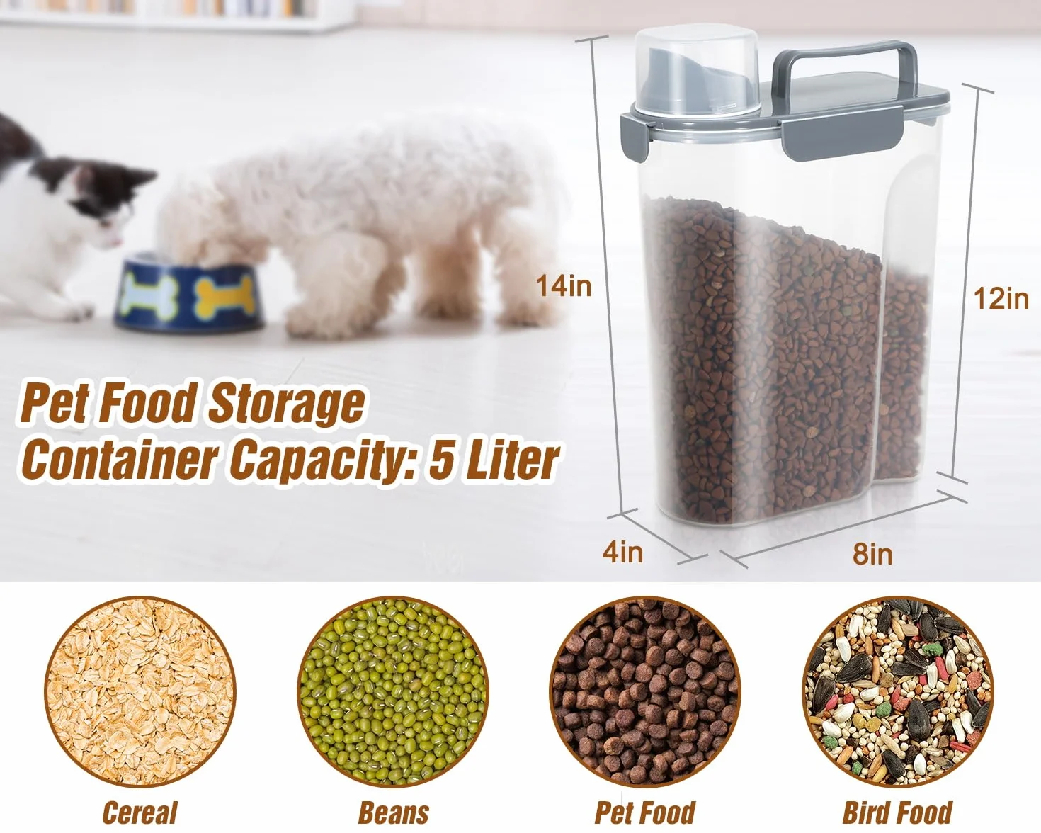 TBMax Récipient de stockage de nourriture pour chat de 5 L avec couvercle, récipient portable avec grand bec verseur et tasse à mesurer, récipient hermétique pour aliments pour chiens, oiseaux,