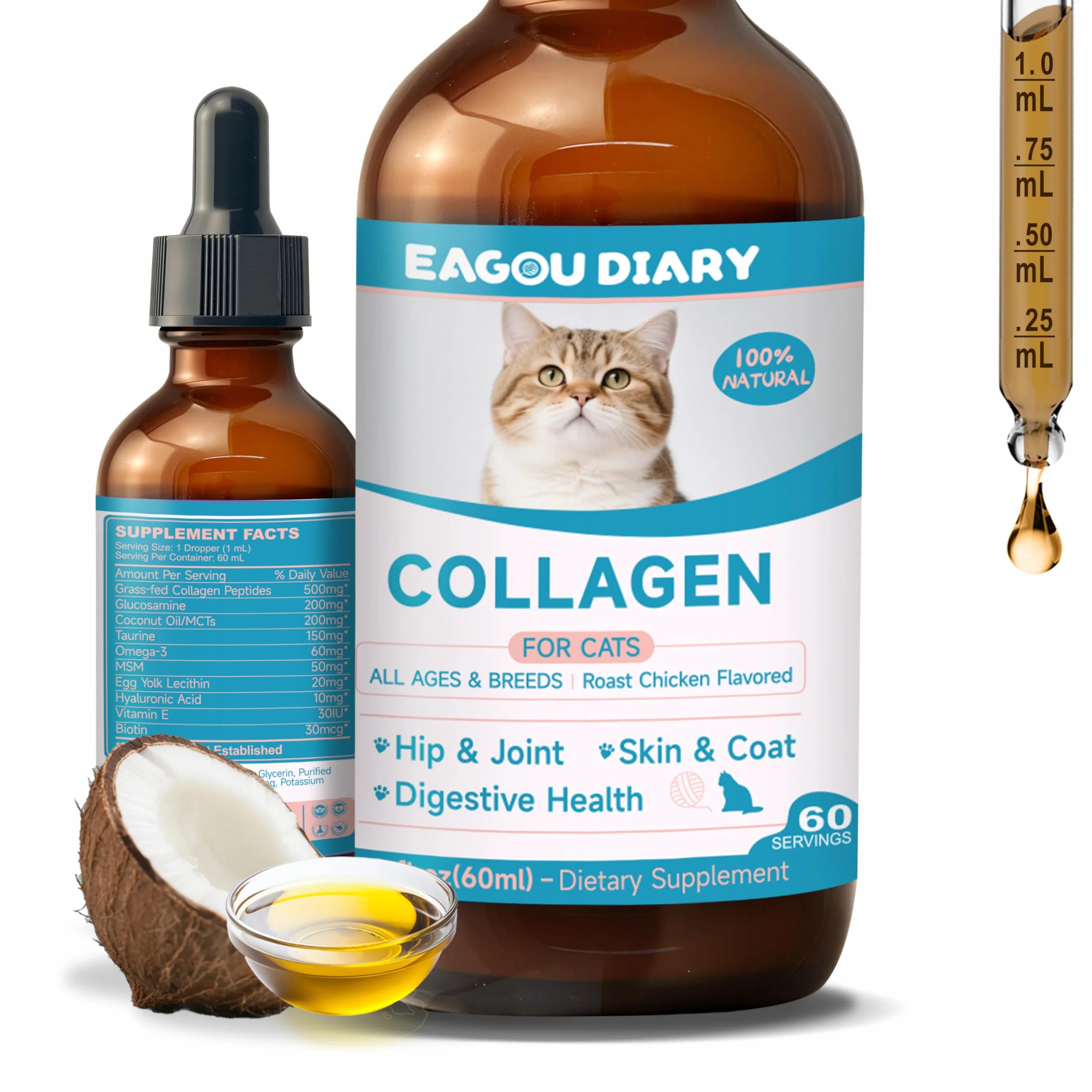 Eagou Diary Collagène pour Chats - Supplément Articulations, Peau et Pelage, MSM, Glucosamine, Huile de Coco, Vitamine E, 60ml