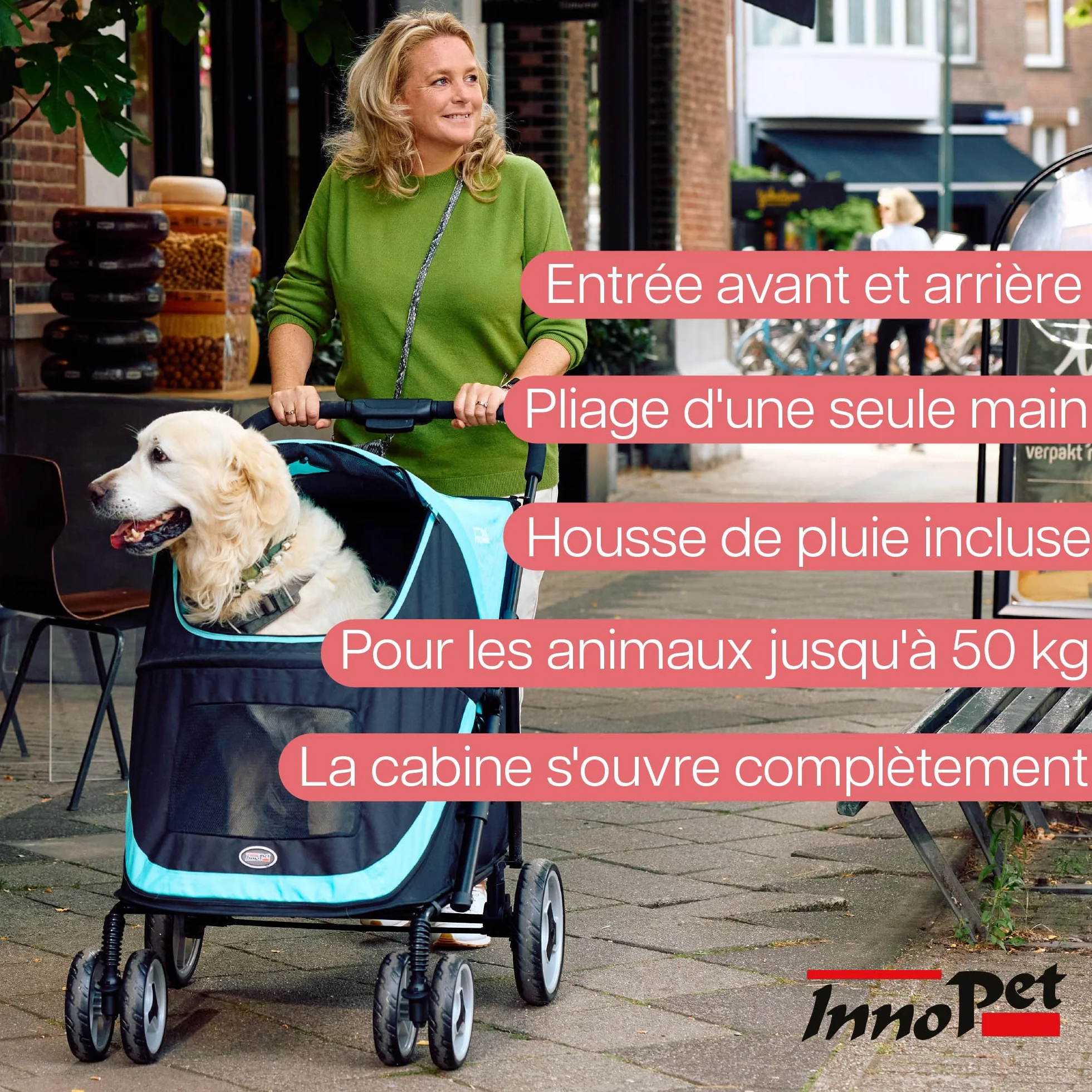Chariot pour chien Innopet Mamut grand format bleu - Supporte jusqu'à 50 kg - Housse de pluie incluse - Pliage d'une seule main - Roues avant pivotantes, Remorque de chiens de taille moyenne et grande