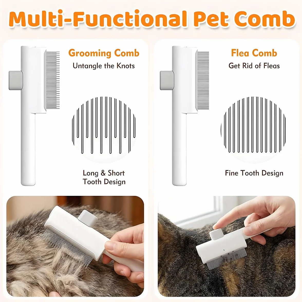 Brosse Chat Auto-Nettoyante Peigne Double Dents Larges et Fines Blanc Set 2 Pièces pour Élimination Poils Chats et Chiens