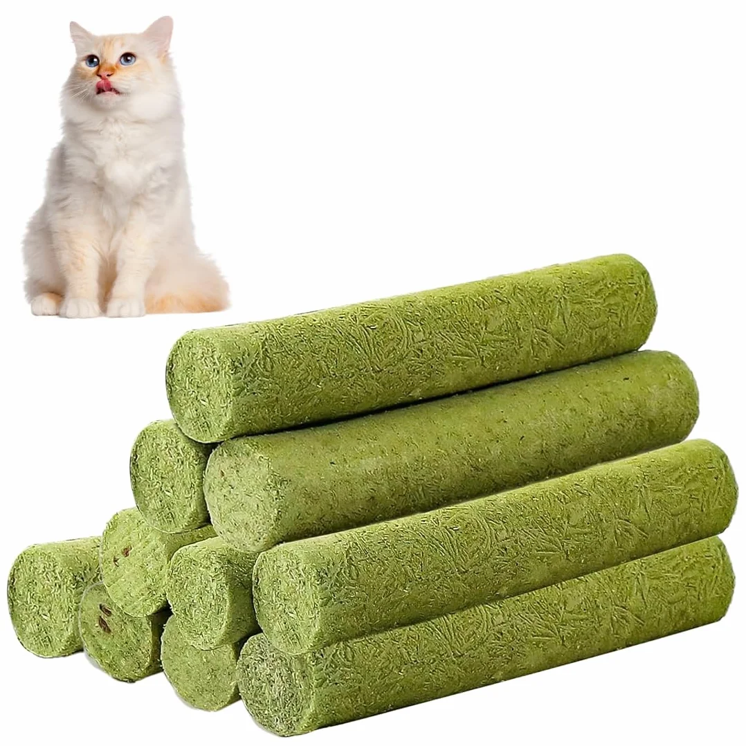 10 Pièces Bâton d'herbe à Chat, Bandes Bâton Chats de Dentition d'herbes à Mâcher Dentition lyophilisé Comestible pour Le Nettoyage des Dents et Élimination des Boules de Poils