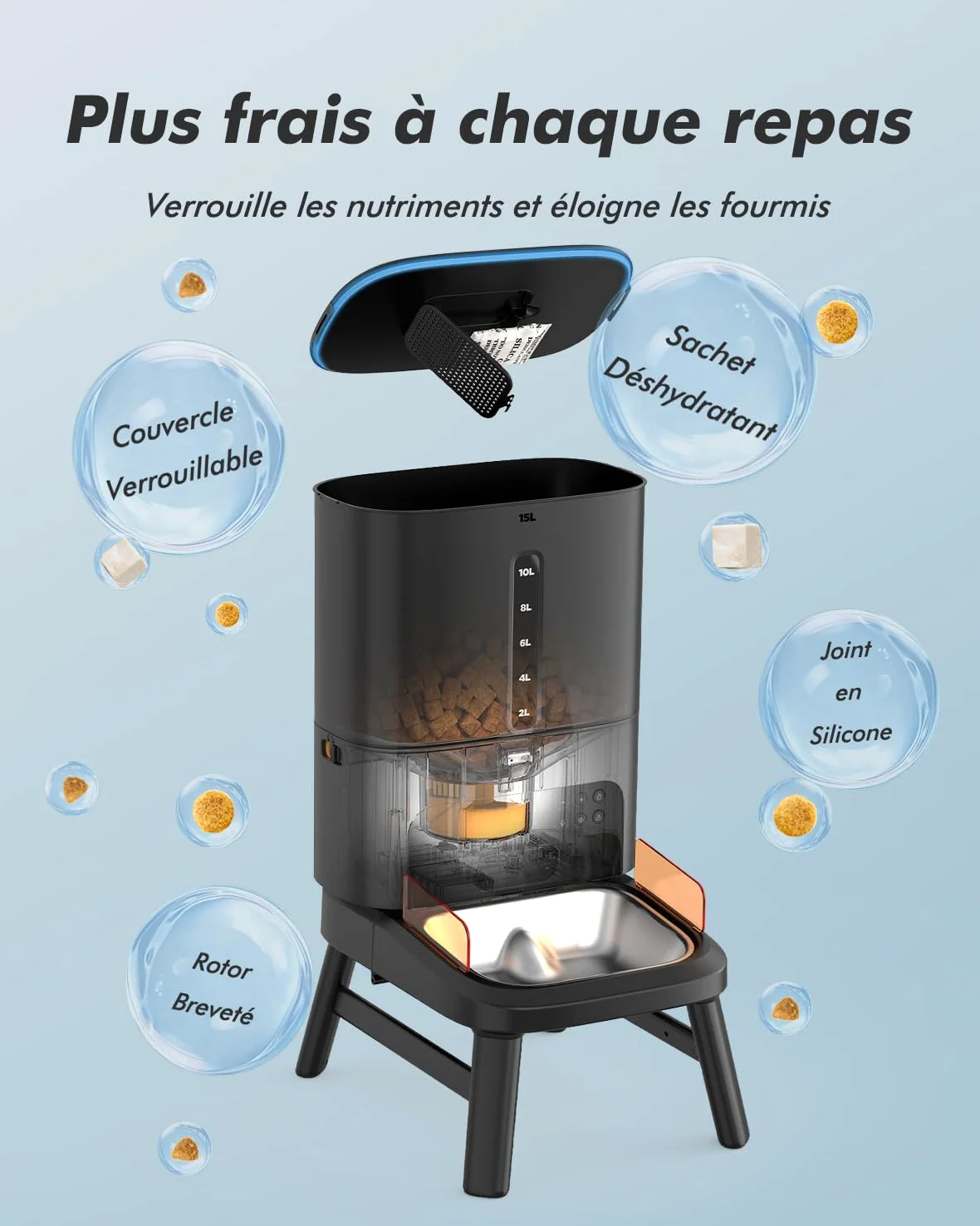 Distributeur Croquettes Chien Automatique, 15L Grande Capacité | Croquettes Jusqu'à 18mm, Support Réglable en 2 Hauteurs, Alerte Niveau Bas, pour Chien de Grande Taille et Chats Multiples