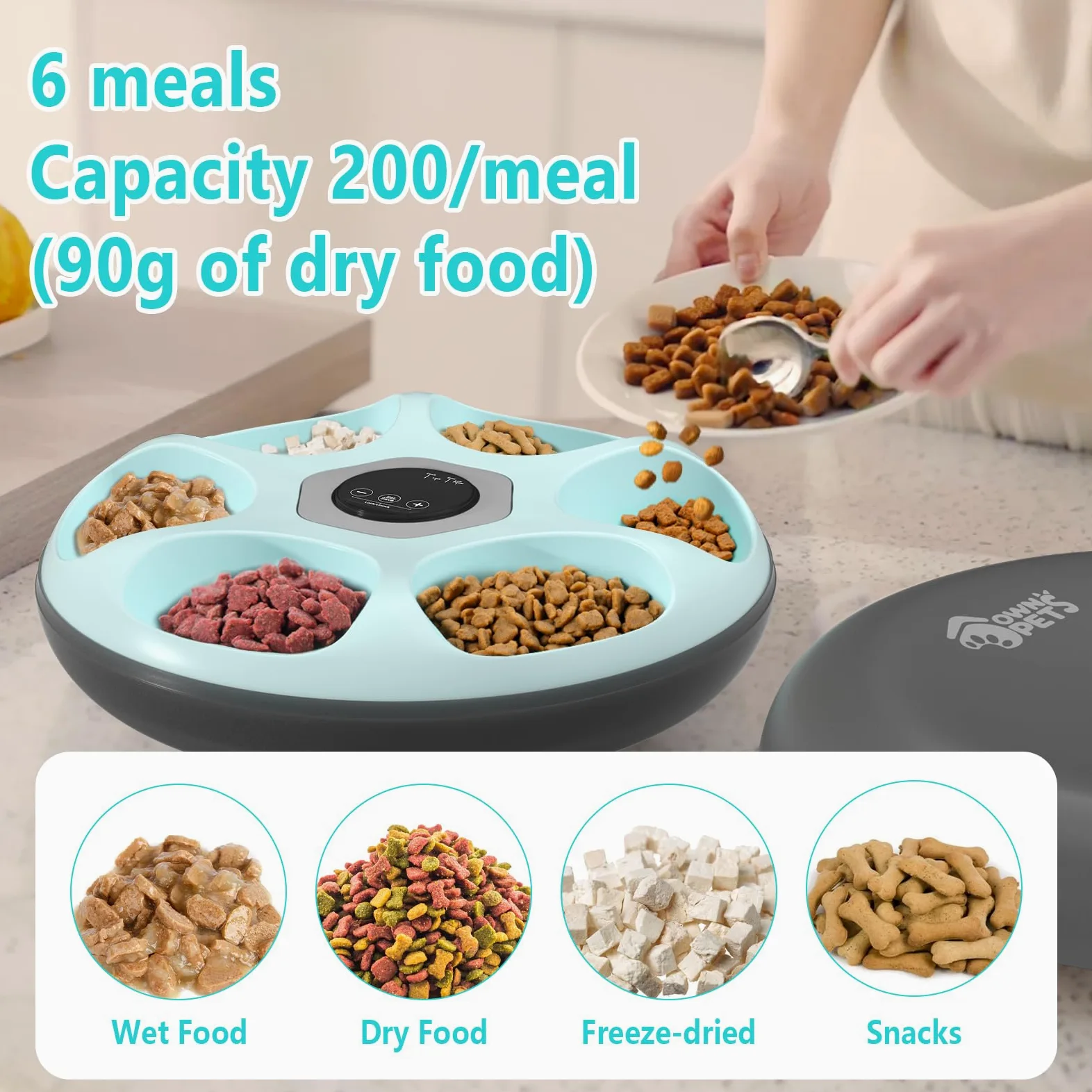 Ownpets Distributeur automatique de nourriture pour chat - 6 repas - Avec 2 blocs réfrigérants - Minuterie programmable - Alimentation automatique pour chats et chiens de petite taille
