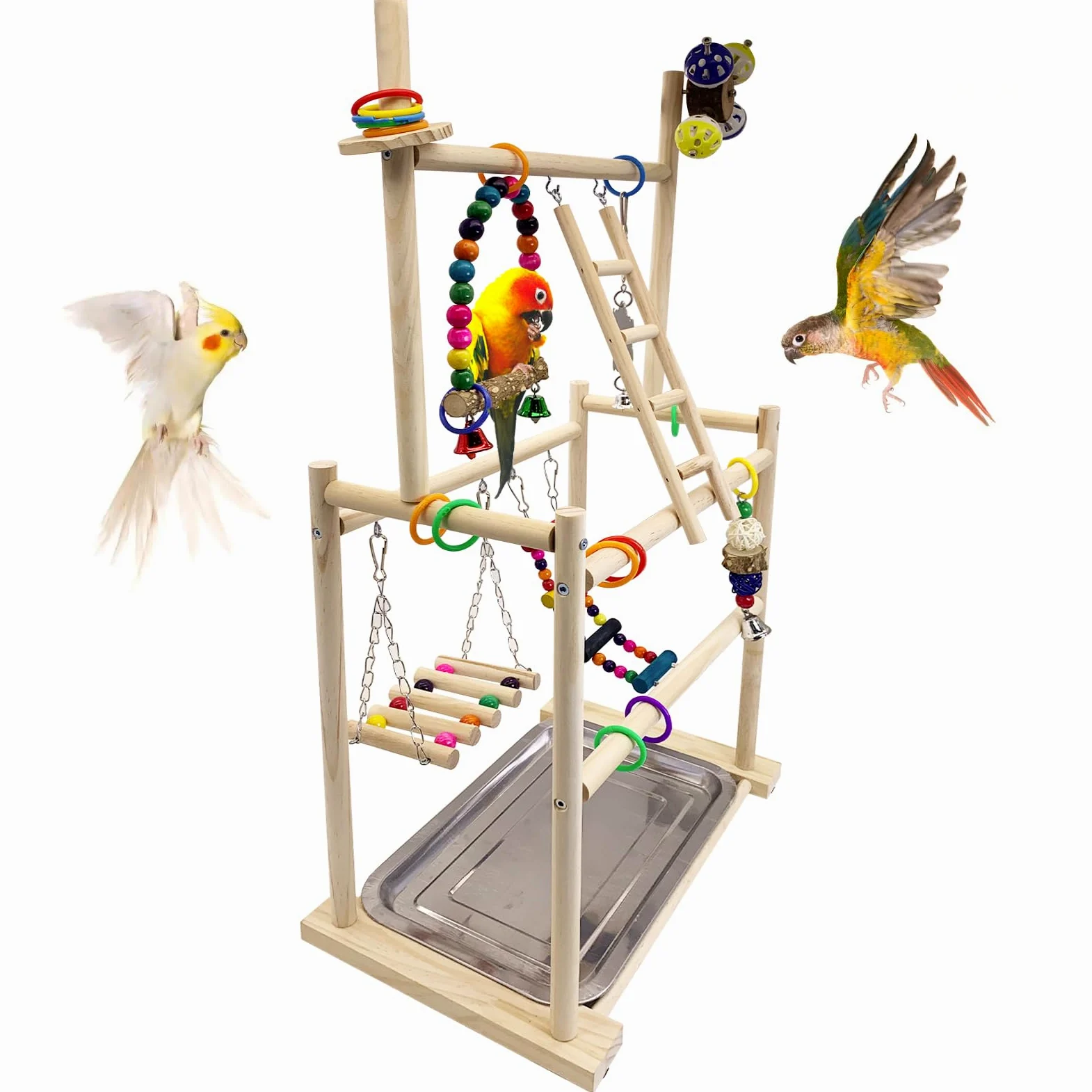 Hamiledyi Aire de jeux pour oiseaux en bois naturel – Grand perchoir à 3 niveaux avec plateformes d'exercice durable pour perroquets, calopsittes et petits oiseaux Stand avec échelles et balançoires