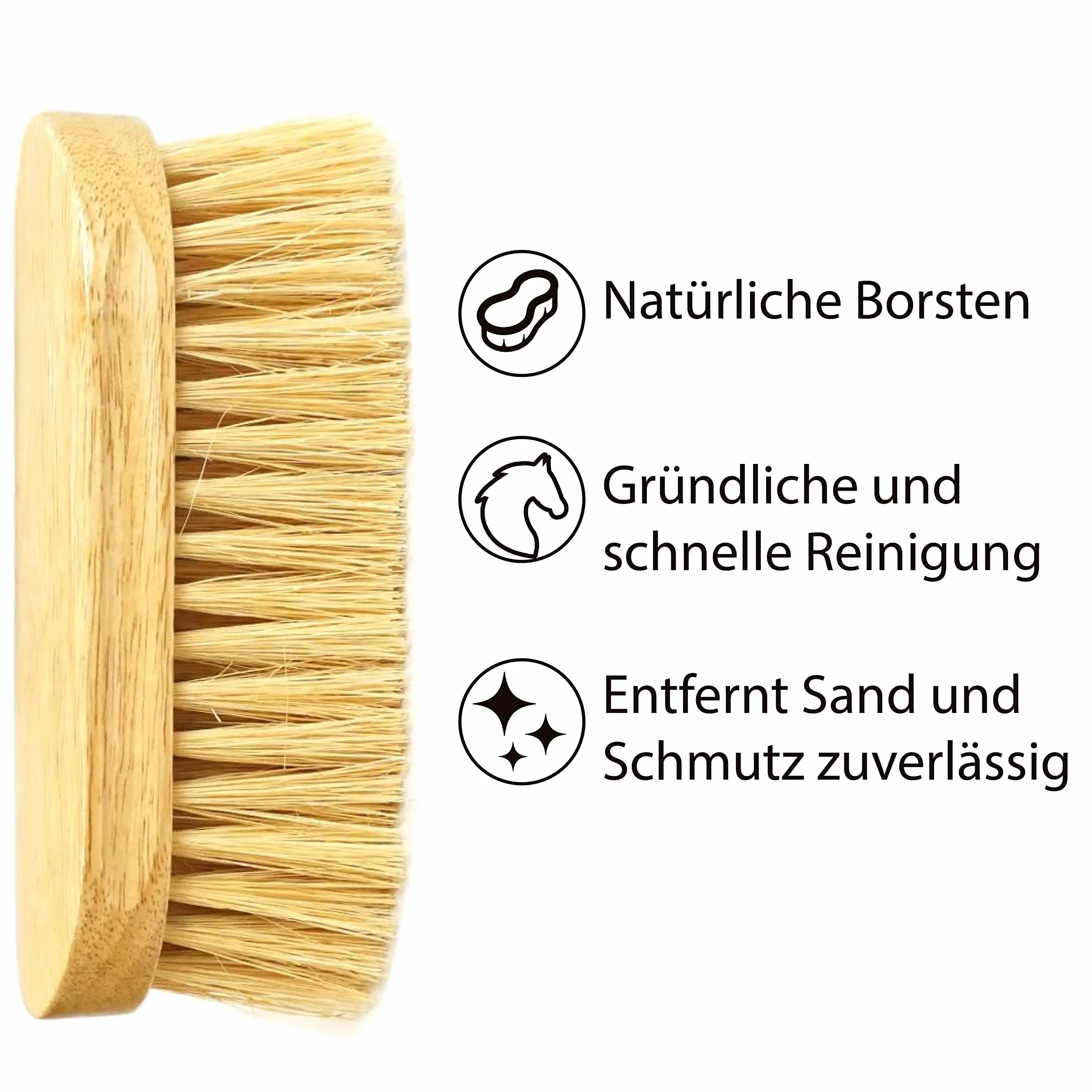 Brosse à racines pour cheval avec dos en bois et poils longs, stable et robuste