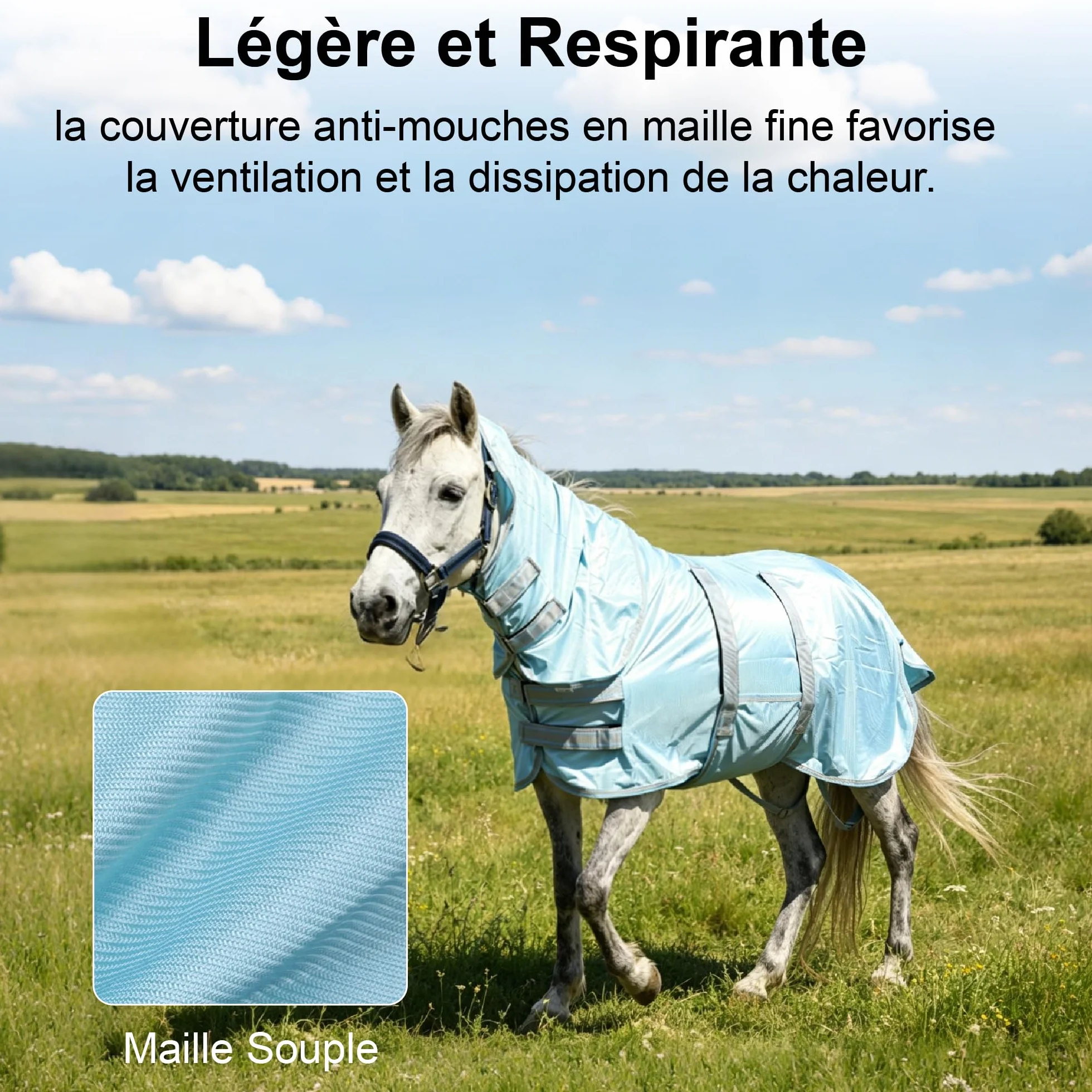 Couverture Anti-Mouches pour Mini-Cheval Petit Poney, Protection UV, Maille Légère Respirante, Bleu Cyan 80cm