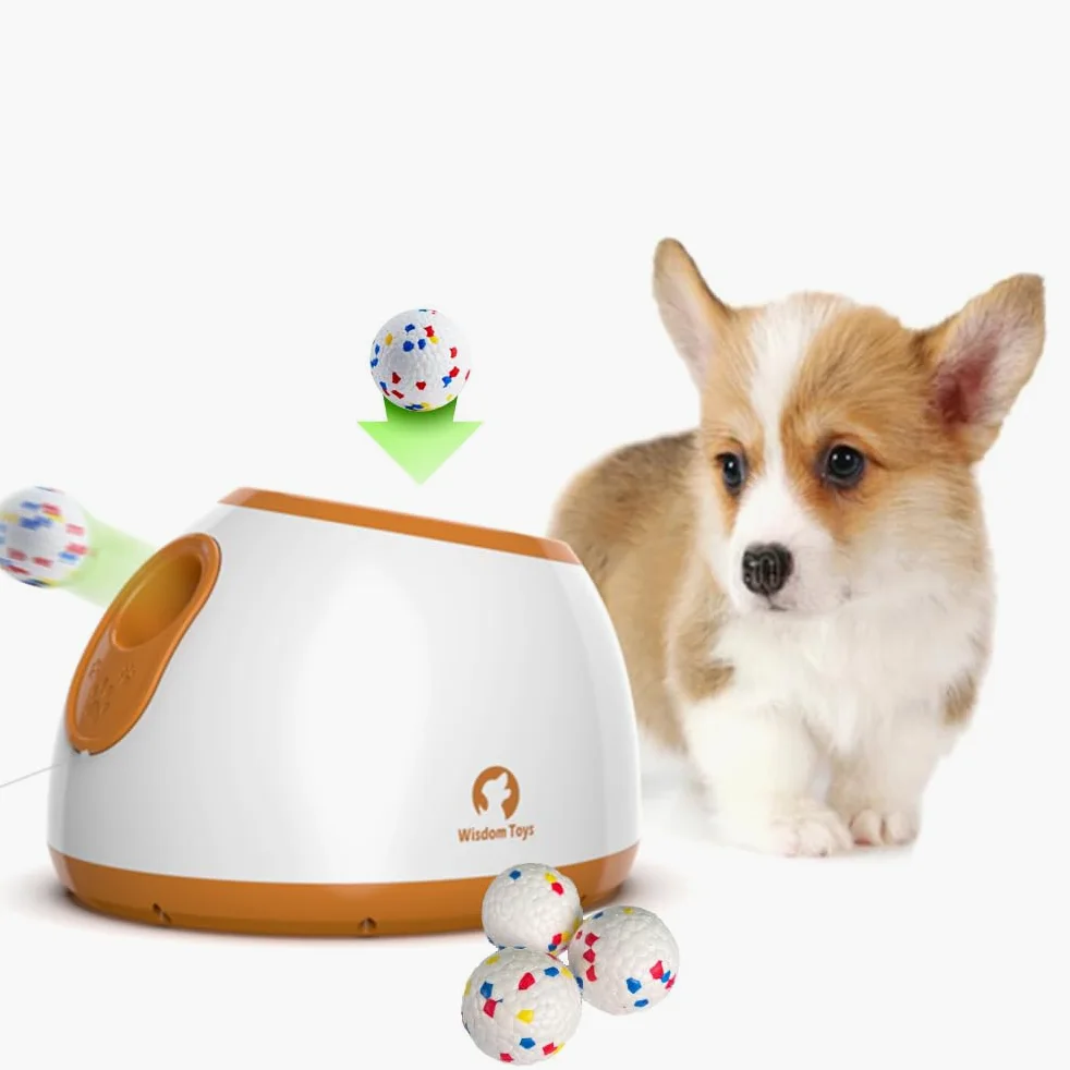 Lanceur de balles automatique pour chien – Petite machine de lancer de balles automatique interactive amusante pour chien avec 3 balles en latex durable, distance de tir réglable de 3 à 9 m, adaptée