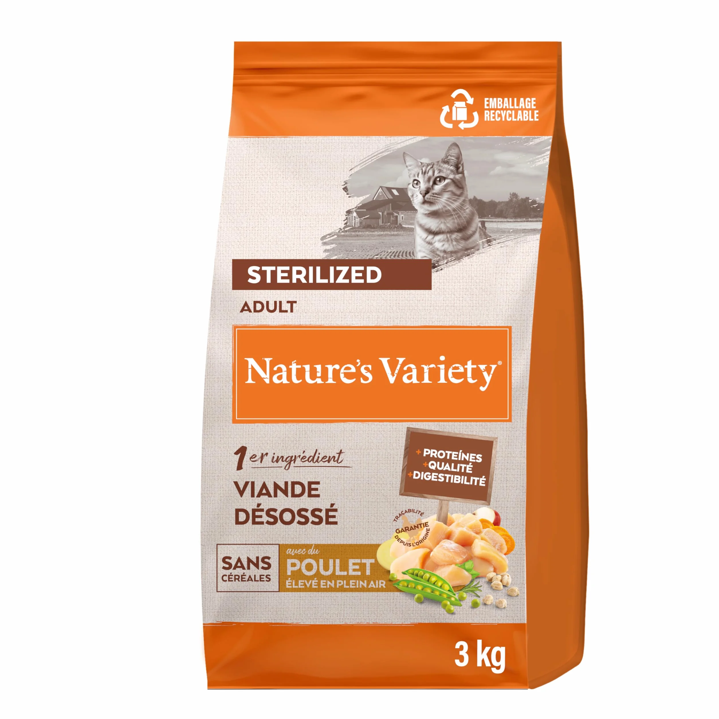 Nature's Variety Selected Croquettes pour Chats Adultes Stérilisés Sans céréales Poulet élevé en plein air 3kg