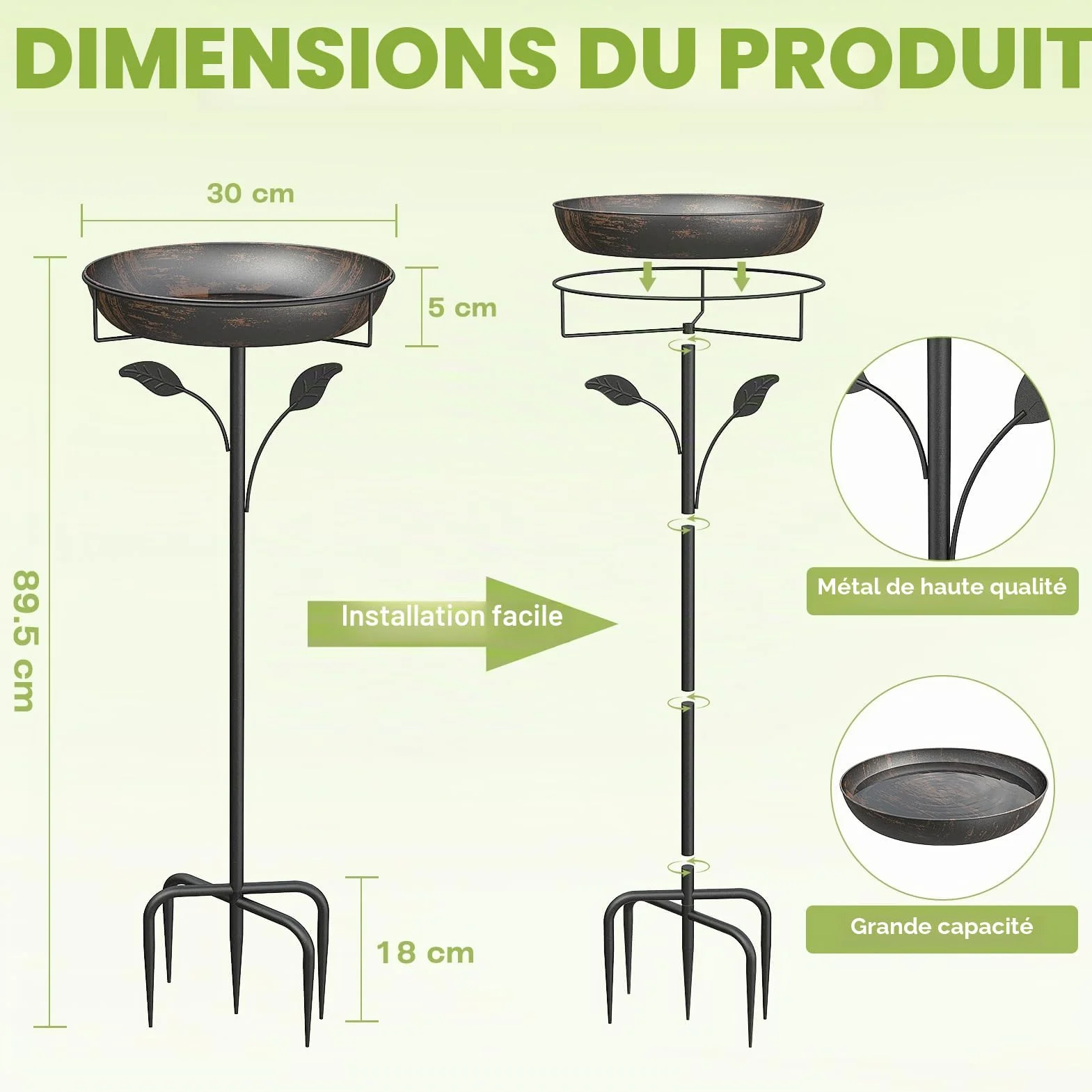 Abreuvoir pour oiseaux 30 cm métal extérieur jardin mangeoire debout résistant hiver