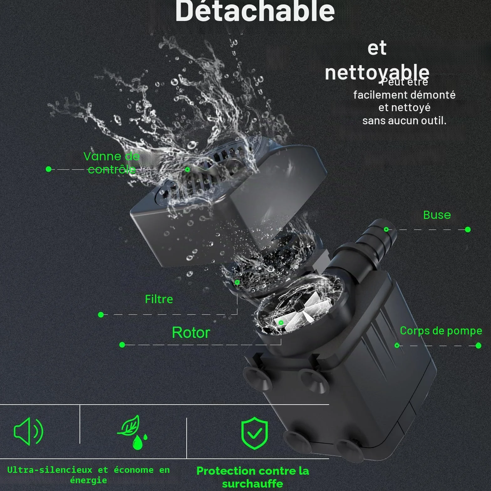 Pompe à Eau Submersible 10W 600L/H Aquarium Câble 3m Ultra Silencieuse Noir