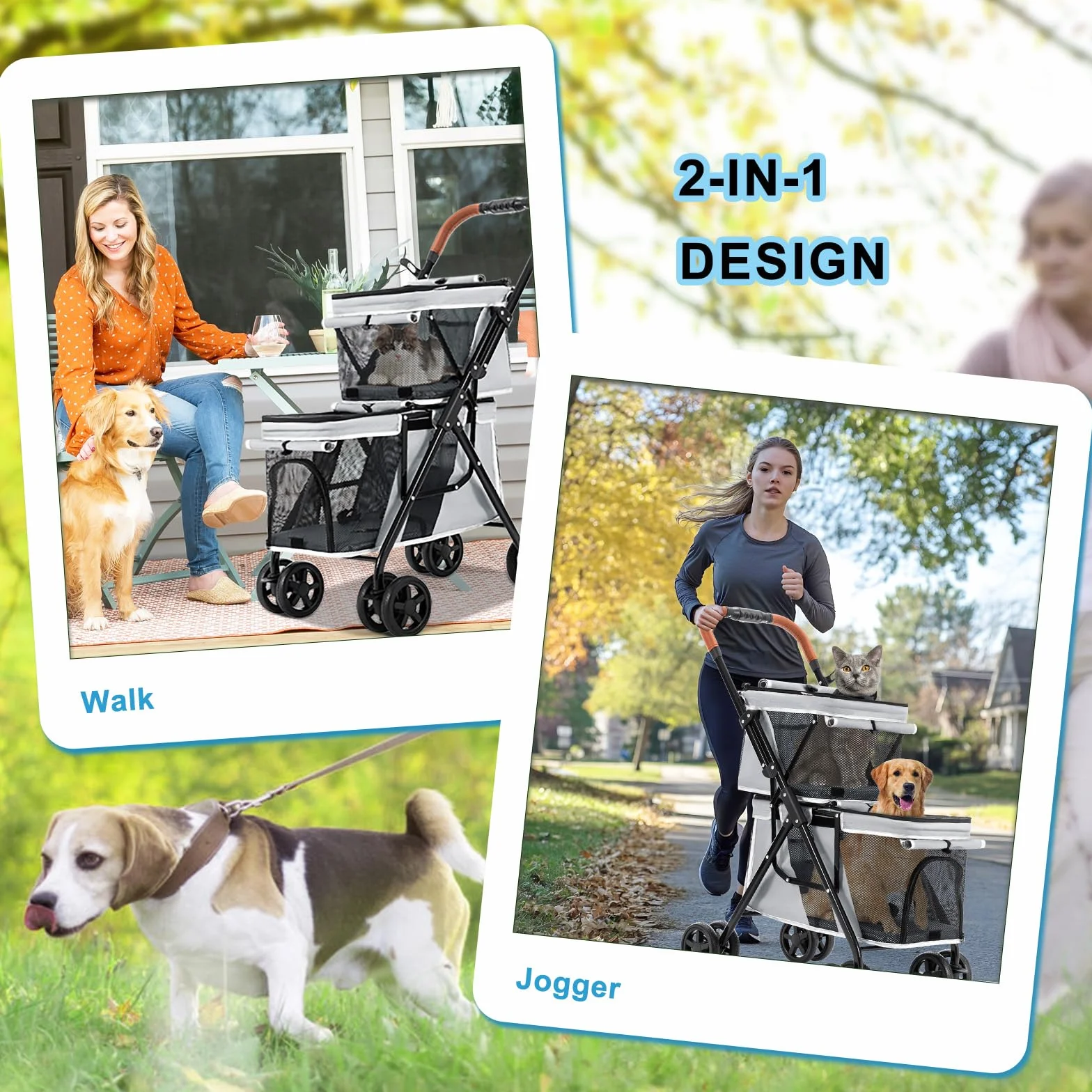 Poussette pour Chien Chat Pliable Double 4 Roues Amorties 20kg Chariot Tout-Terrain avec Panier de Rangement Gris