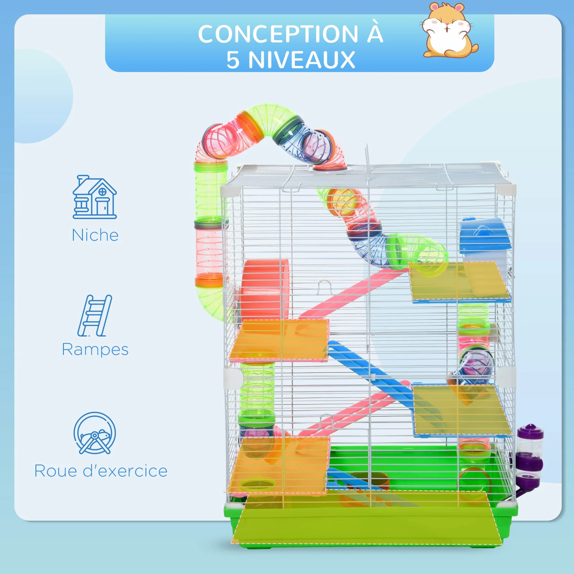 PawHut Cage pour Hamster Rongeur 4 étages avec Tunnels Mangeoire Roue Maison 46L x 30l x 58H cm Vert