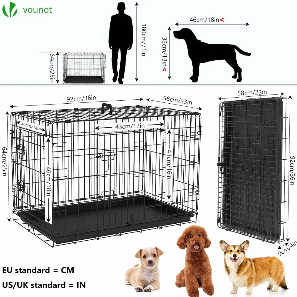 VOUNOT Cage pour Chien Pliable 92x58x64cm Noir avec 2 Portes Verrouillables et Plateau Amovible