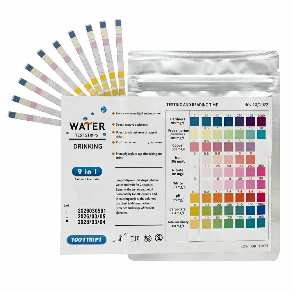 Bandelettes Test Eau Aquarium 9 en 1 Lot de 100, Kit Test Aquarium Eau Douce et Eau Salée