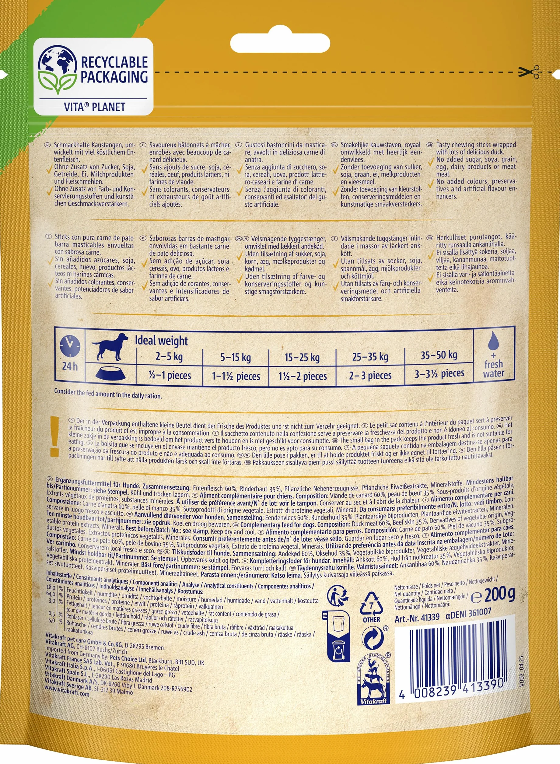 VITAKRAFT Pure Duck XXL Bonas, Friandises pour Chien, Bâtonnets À Mâcher Au Canard, sans Sucre Ni Céréales Ajoutés (200G)
