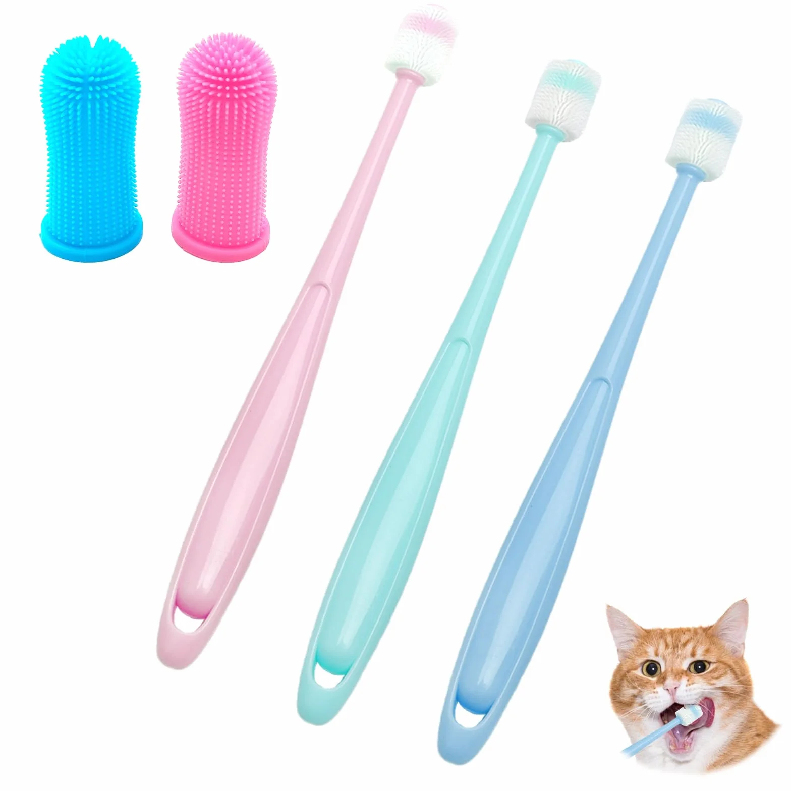 Lot de 3 Brosses à Dents pour Chat + 2 Brosses à 360° en Silicone Souple Réutilisable - Rose, Bleu, Vert
