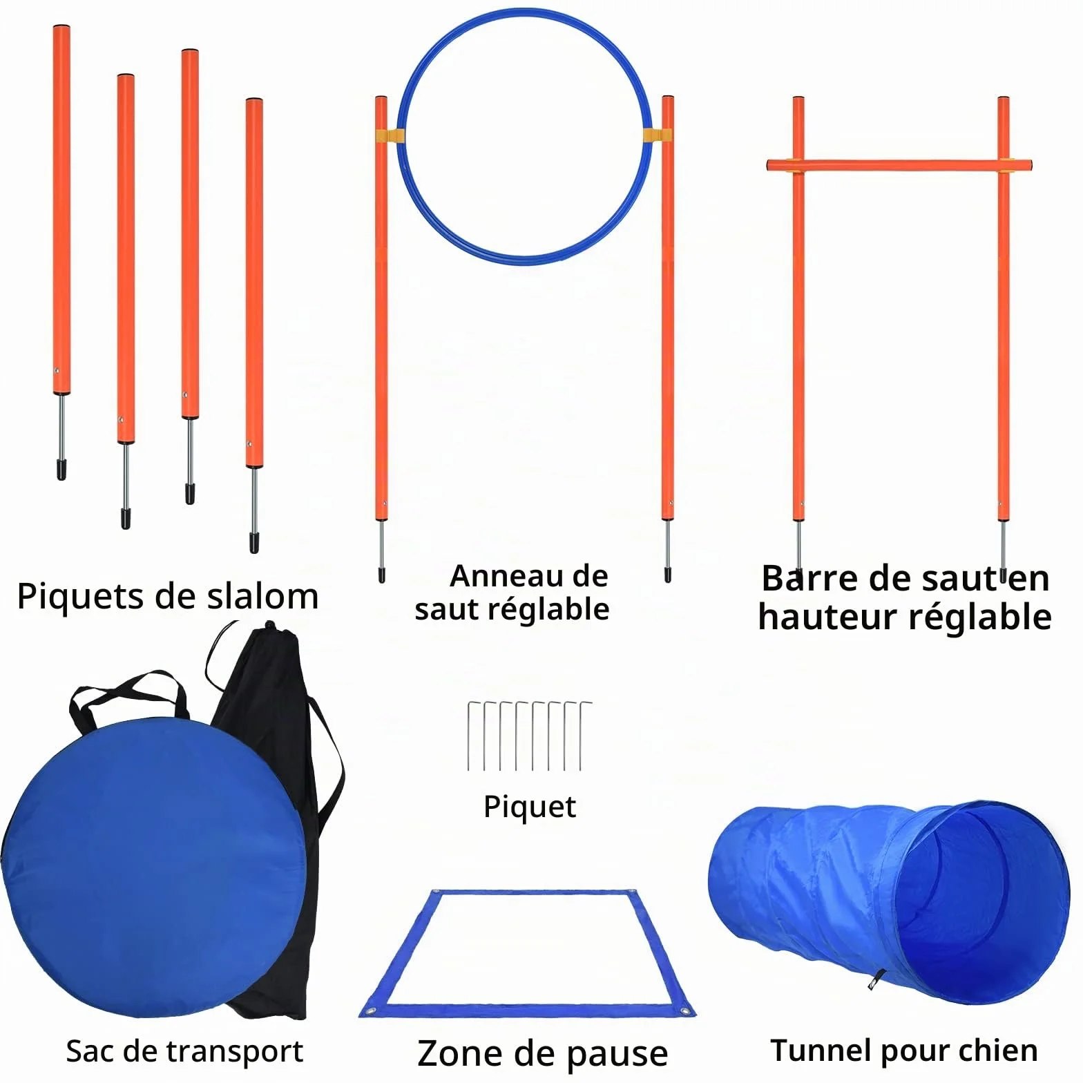 Kit d'équipement d'agilité pour chiens avec tunnel, barres de slalom réglables en hauteur et sac de transport