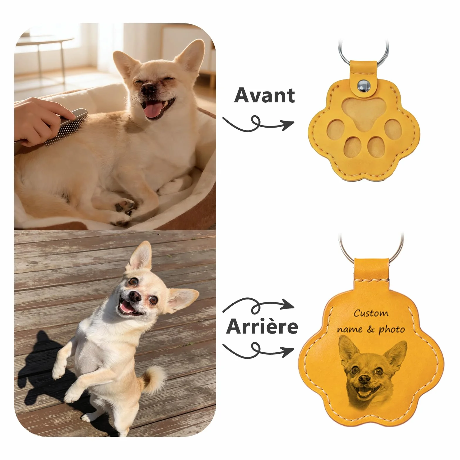 Porte-clés Photo et Nom pour Chien ou Chat, Boîte à Poils en Cuir Gravé, Cadeau Portable pour Amoureux des Animaux