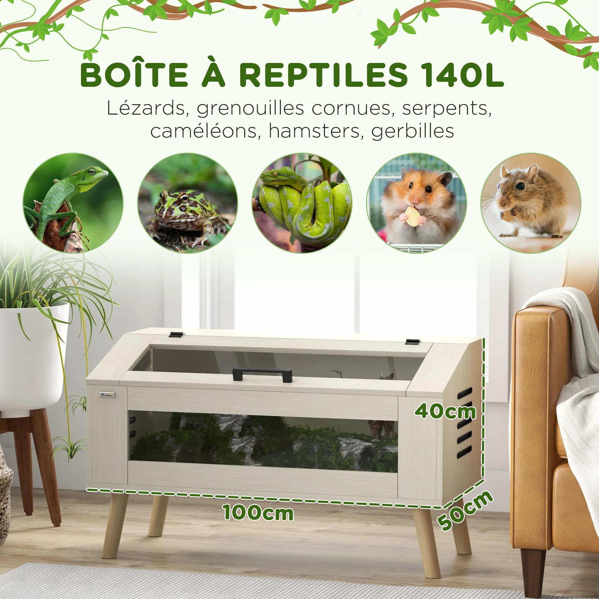 PawHut Terrarium Reptiles 140L Verre trempé 100 x 50 x 60 cm Bois naturel
