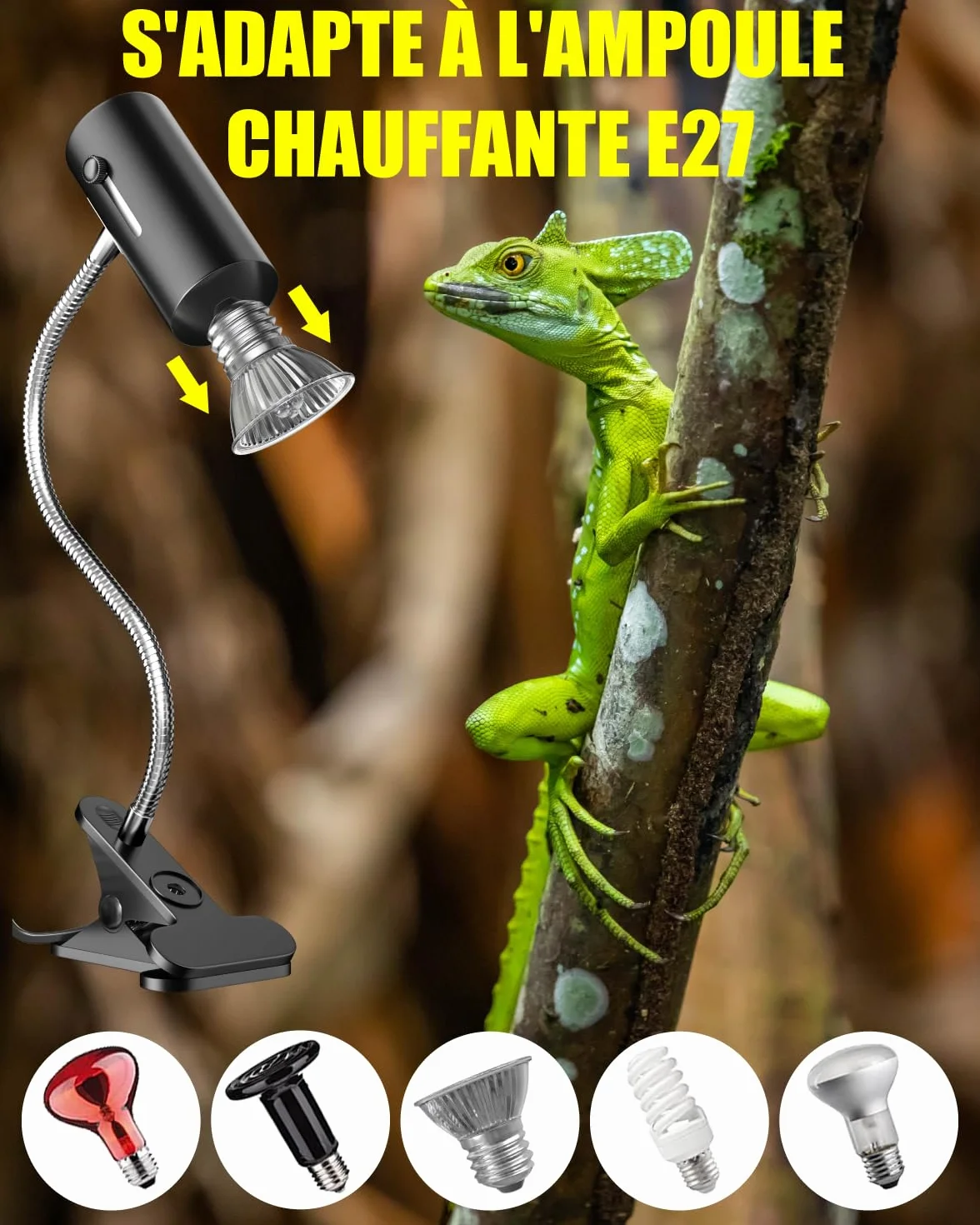 Lampe Chauffante Reptiles Tortue UVA UVB 50W E27 avec Douille Flexible 360° Rotation