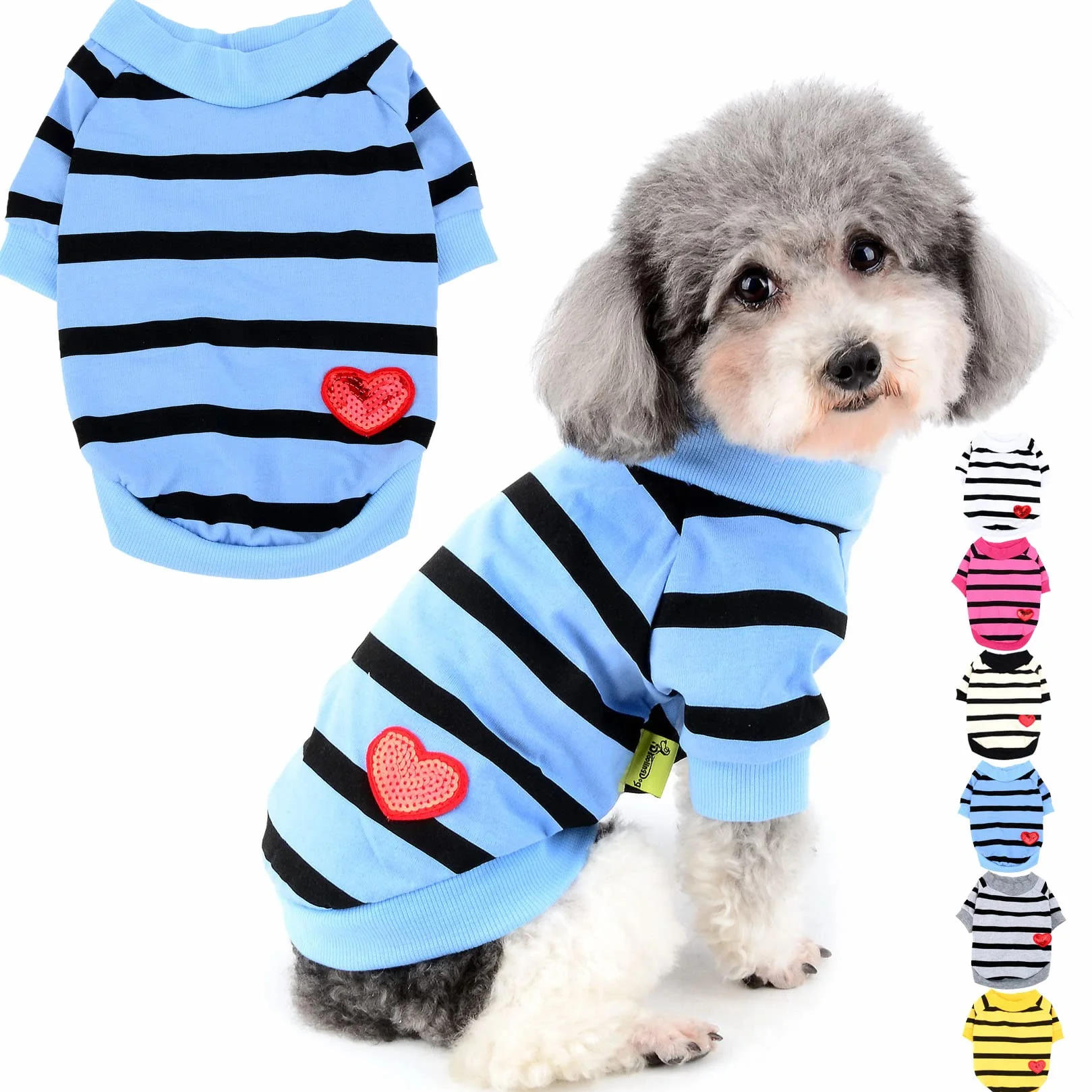 Zunea Chemise Chien T-Shirt Rayures Vêtement Paillettes Cœur Manches Courtes Coton Doux Chihuahua Bleu XS