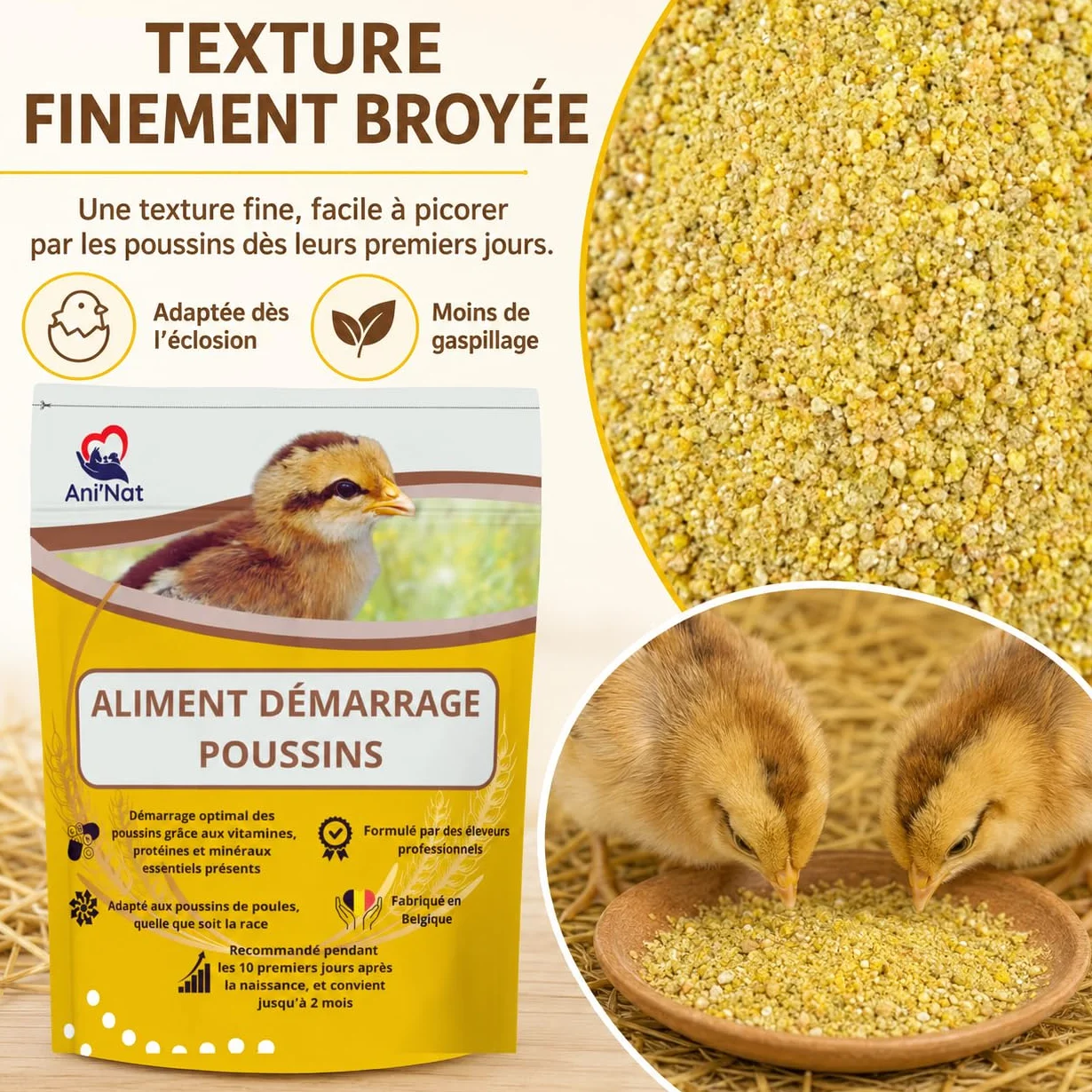 AniNat 1.8kg Aliment démarrage Poussins Nourriture 1er âge vitamines protéines minéraux huiles essentielles Adapté Naissance sans OGM sans Antibiotique