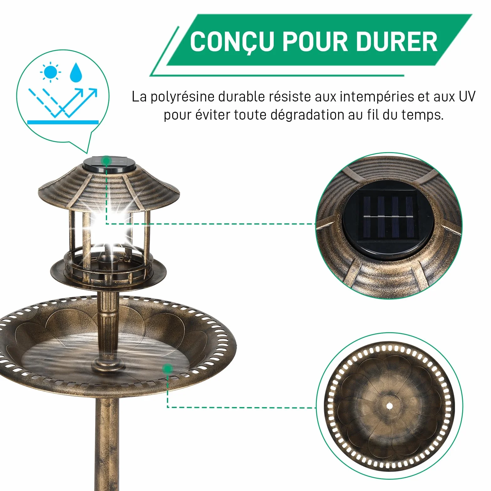LEADZM Abreuvoir Oiseaux Exterieur Solaire avec Lampe - Mangeoire Oiseaux Exterieur, Support Remplissable, 51x51x106 cm, Bronze