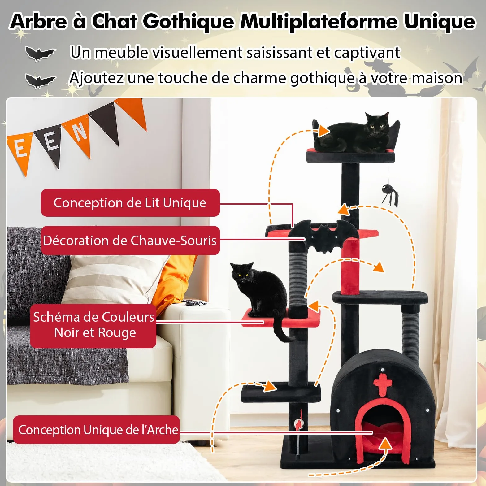 GOPLUS Arbre a Chat Style Gothique, Hauteur 133 CM, Arbre a Chat XXL à 6 Niveaux avec Poteaux à Gratter Sisal, Perchoir, Hamac, Niche Forme Coffin avec Coussin Amovible, Jouet Suspendu, Rouge et Noir