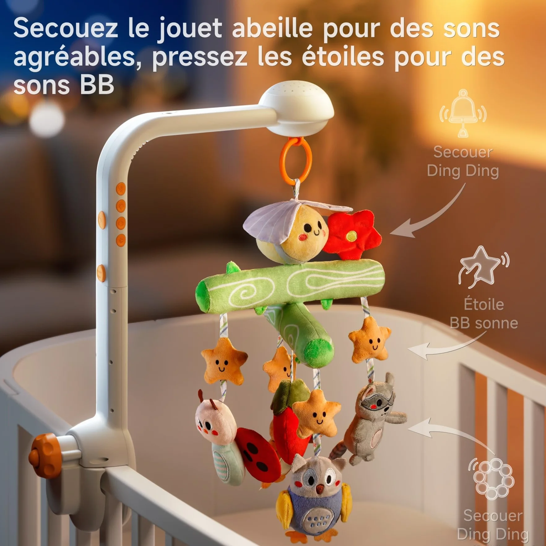 Veilleuse Bébé avec Projection Lumière, Mobile Musical Lit Bébé 0-9 mois, Télécommande Jouet Sensoriel