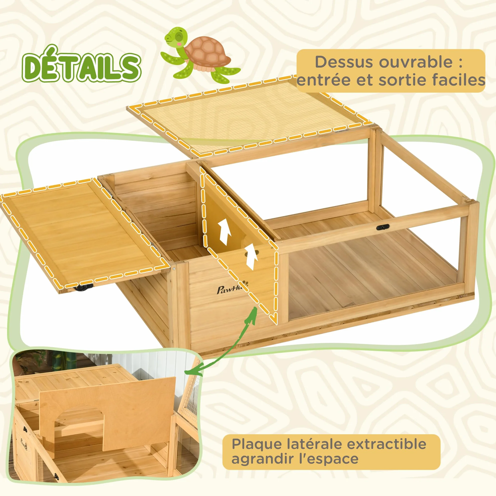 PawHut Maison pour Tortues de Terre avec Espace modulable 91x60,5x32cm Jaune Clair