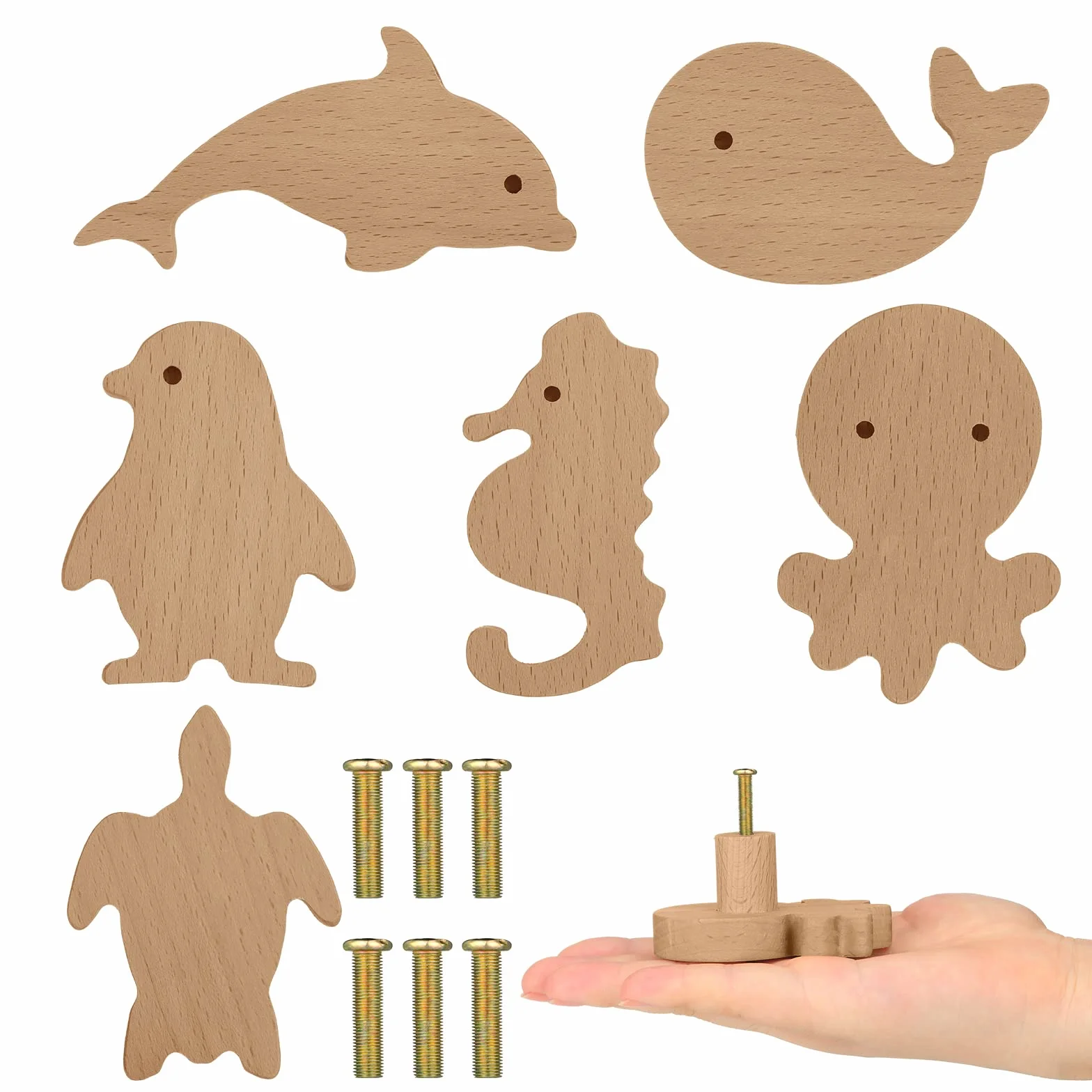 Lot de 6 boutons d'armoire en bois animaux marins – Poignées de commode décoratives avec vis – Poignées de meubles pour tiroir chambre enfant