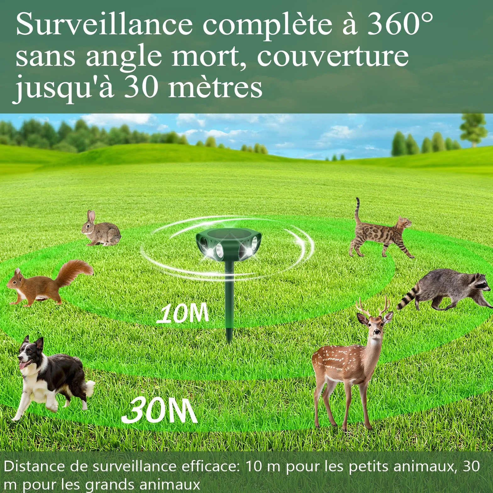 Repulsif Chat Exterieur 360° Ultrason IP65 Imperméable avec Flash LED Détecteur PIR Anti Chat Chiens