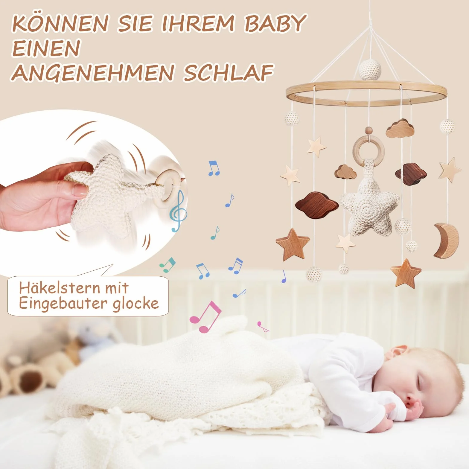 SWECOMZE Lit bébé mobile avec étoiles en bois Mobile bébé fille Cloche carillon de vent suspendu
