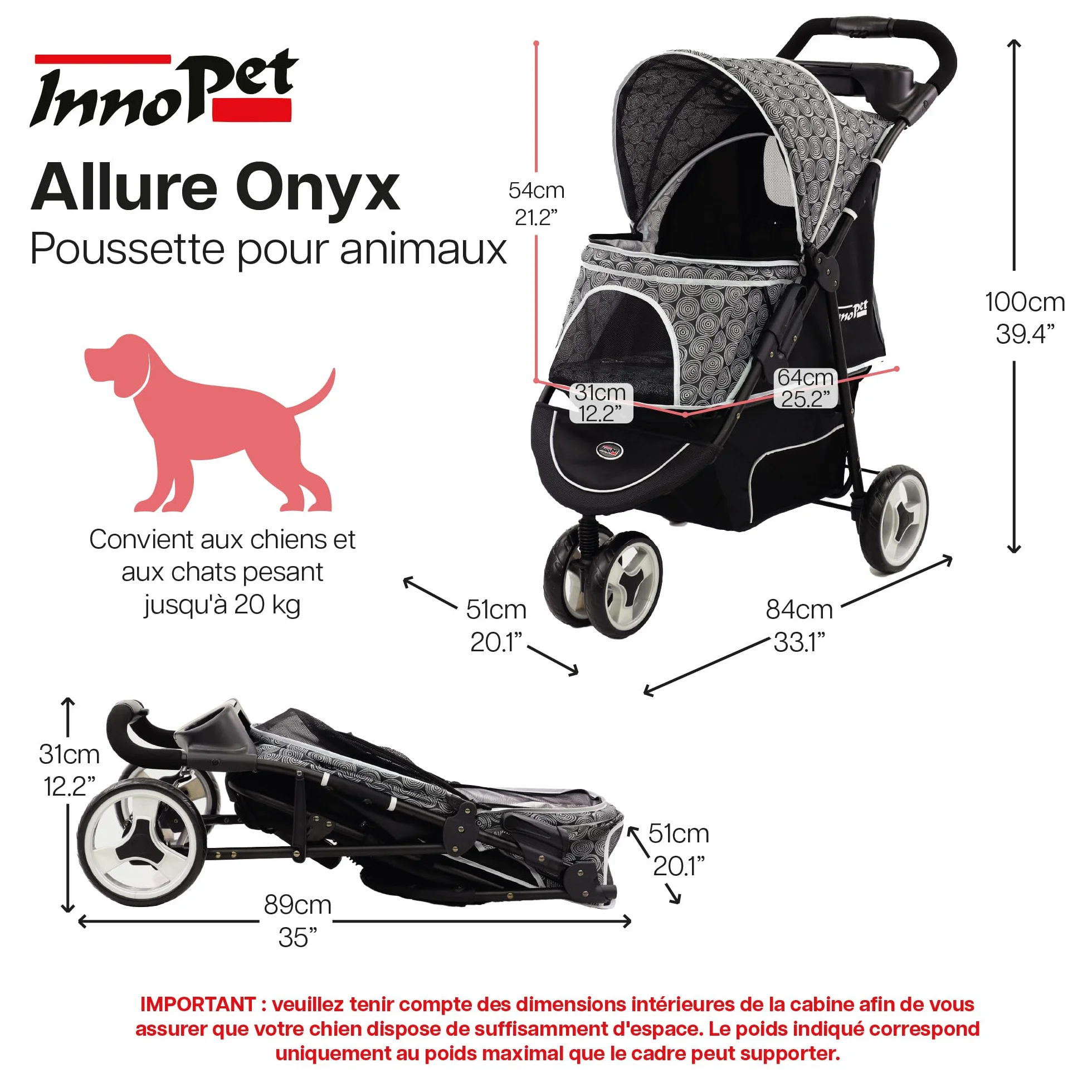 Poussette pour chien Innopet Allure Onyx - Design élégant - Roues pivotantes à 360° - Panier de rangement - Poussette pour animal compacte et pliable