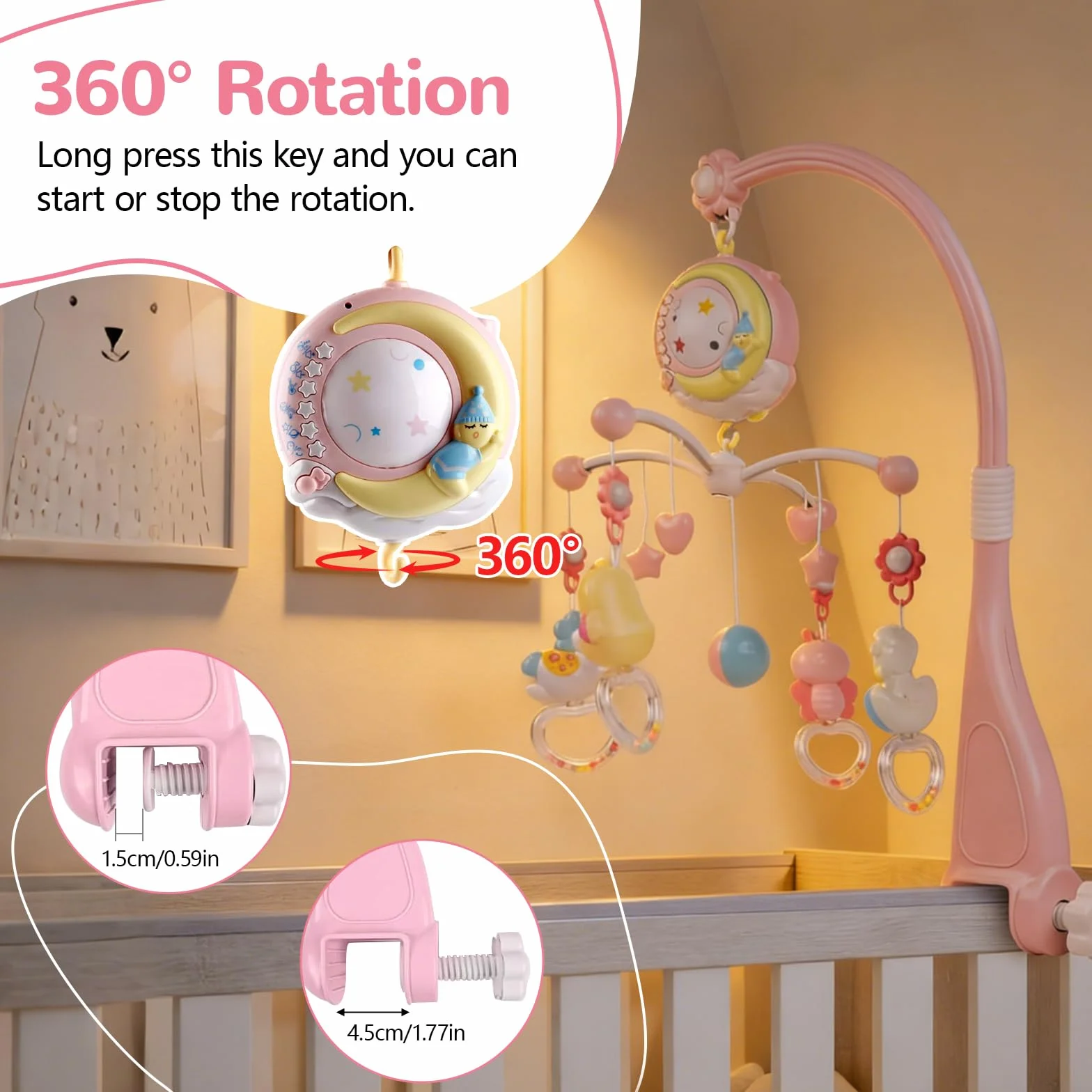 Mobile Musical Lit Bébé avec Veilleuse et Projecteur, 150 Berceuses, Hochets Rotatifs, Boîte à Musique, Télécommande