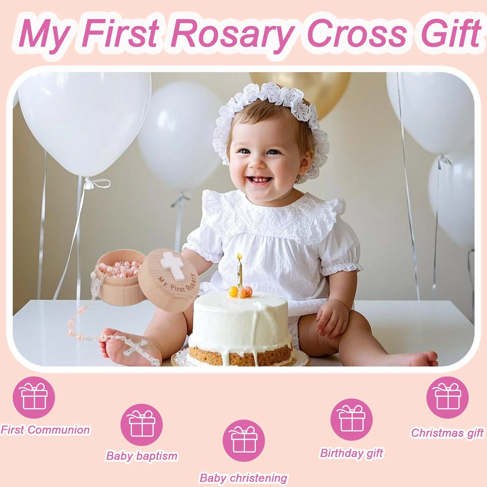 Cadeaux de Baptême My First Rosary Boîte à Souvenirs Collier Chapelet Rose Première Communion Catholique Baby Shower