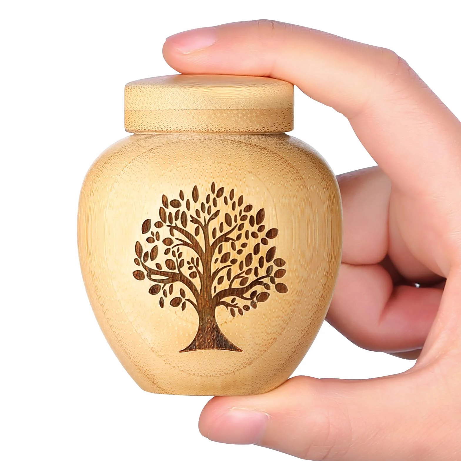 Urne funéraire en Bambou avec Motif Arbre de Vie gravé pour Cendres humaines et Animaux domestiques 15 cm Cubes