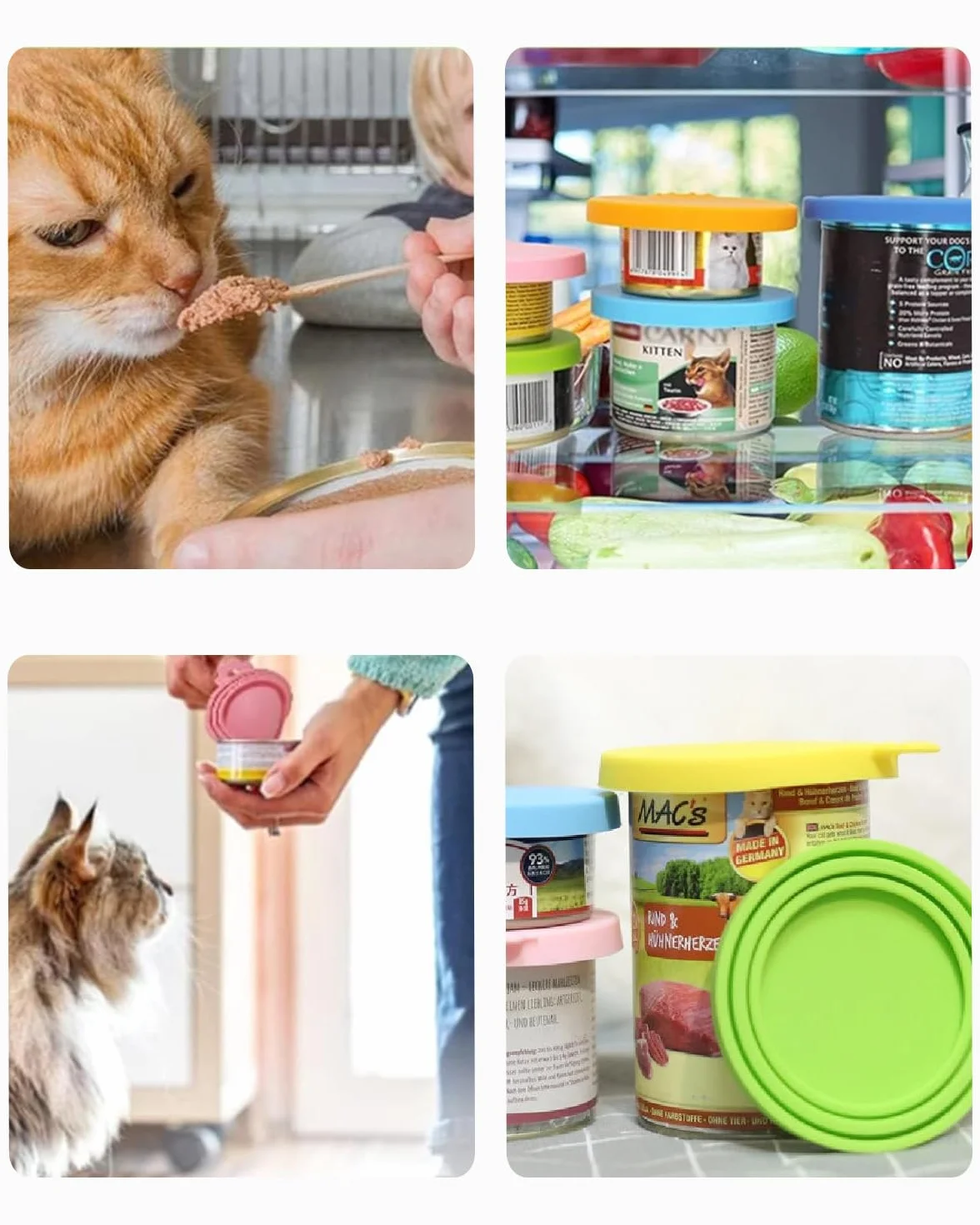 6 Pcs Couvercle Boite Chat Couvercles de Boîtes de Nourriture Chien, Couvercles Silicone Réutilisable Coque Boîte de Nourriture Chien pour Chien Animaux de Compagnie 3 en 1, 2 cuillères