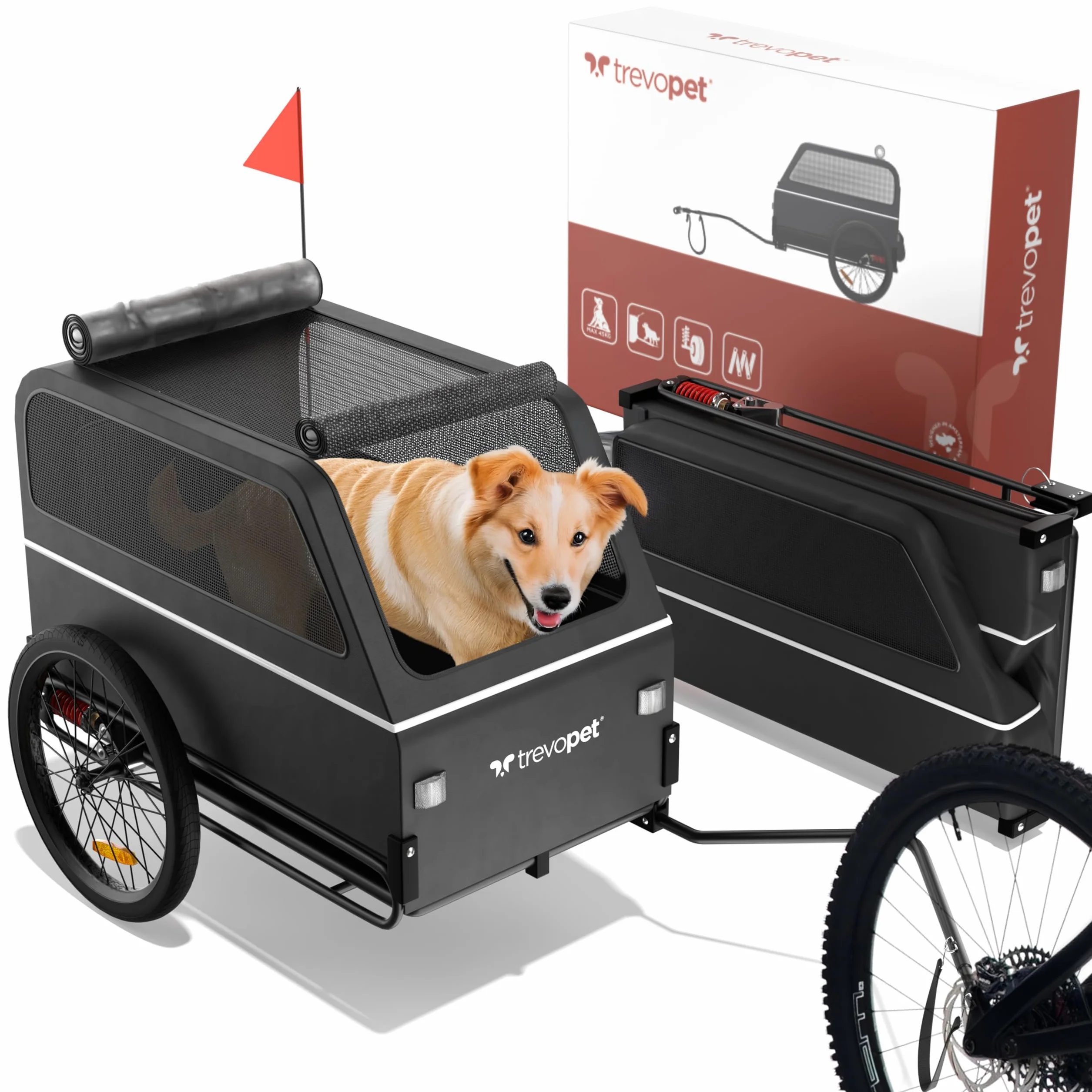 Remorque Velo Chien XL Pliable avec Rampe et Suspension 45kg Compatible Vélos Électriques