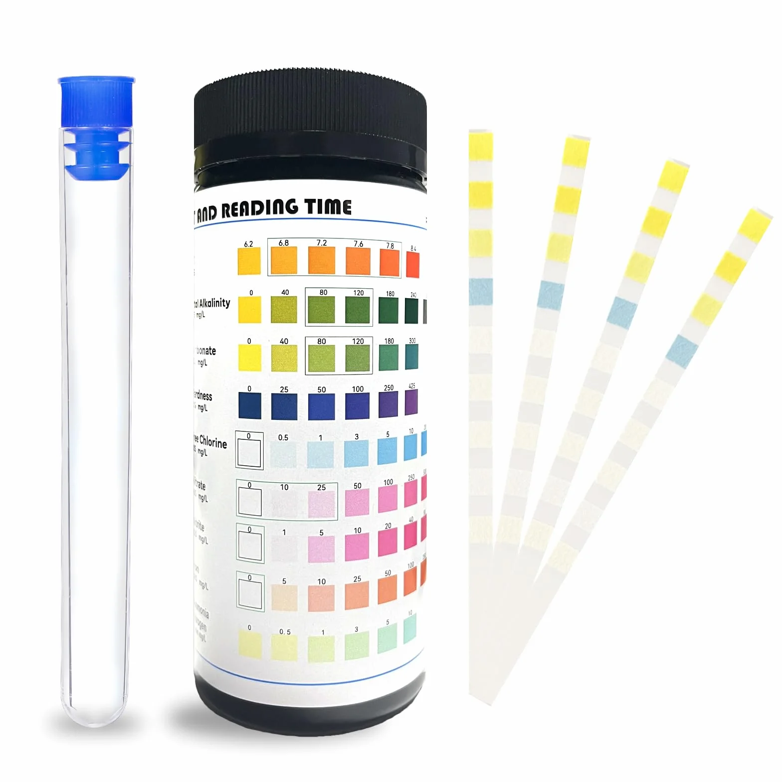 9 en 1 Test d'eau pour Aquarium, 100 Bandelettes de Test Eau pour PH, Alcalinité Totale, Dureté, Carbonatée, Nitrite, Nitrate, Chlore Fer et Ammoniac, Accessoire pour Bassins