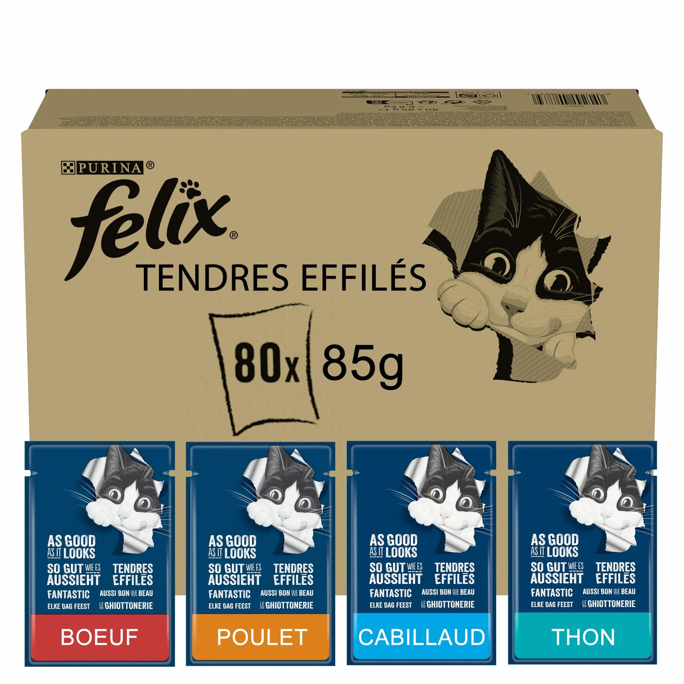 Felix Tendres Effilés Chat Adulte En Gelée au Thon Cabillaud Bœuf Poulet Sachets Fraîcheurs 80 x 85g