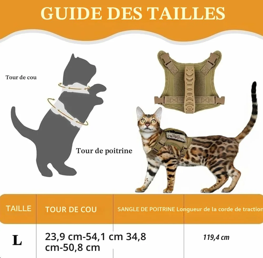 Harnais Tactique pour Chat réglable avec emblèmes brodés, Respirant Anti-échapper Corde de Traction réfléchissante Kaki
