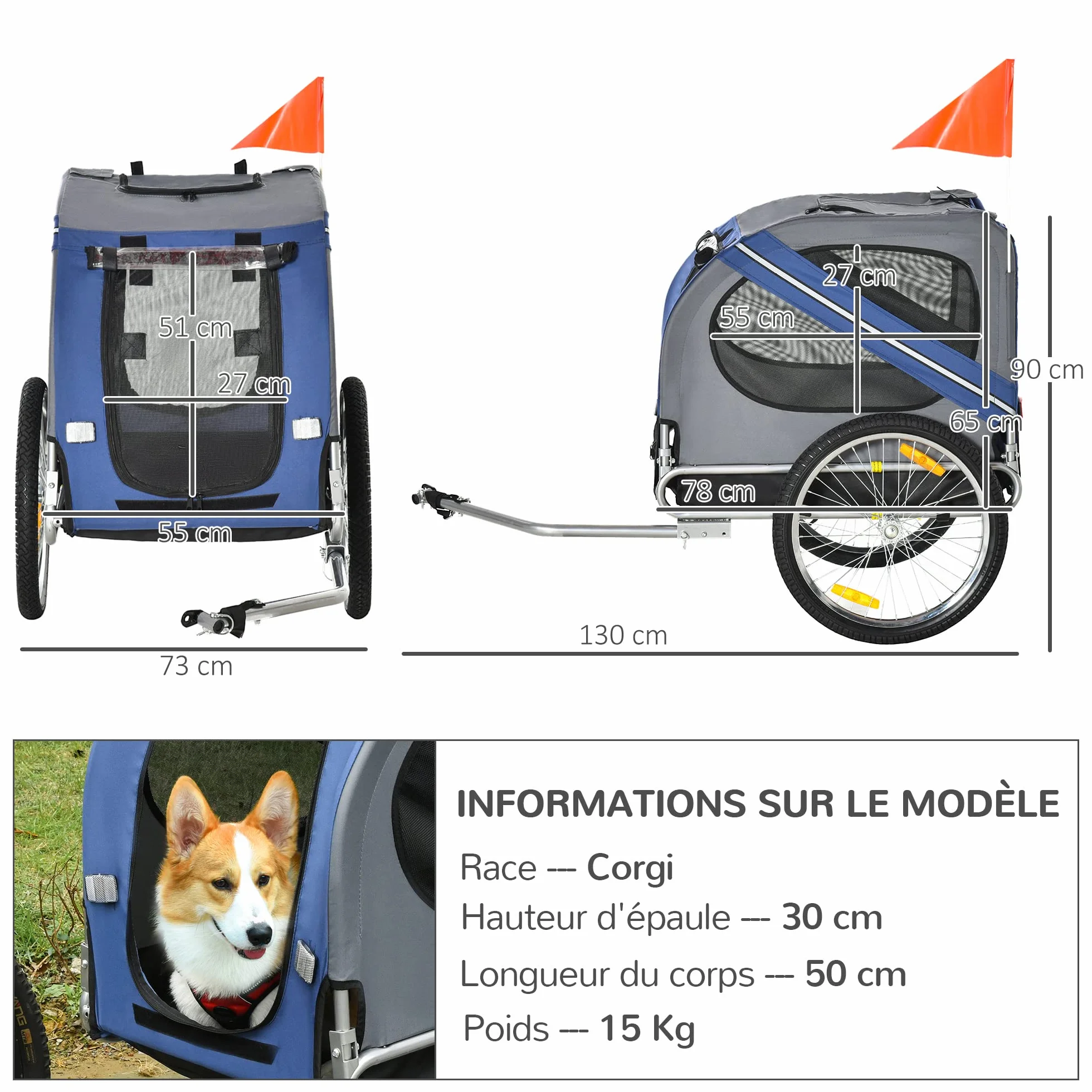 PawHut Remorque vélo pour Chien Pliable 30 kg 130x73x90 cm Acier Polyester imperméable